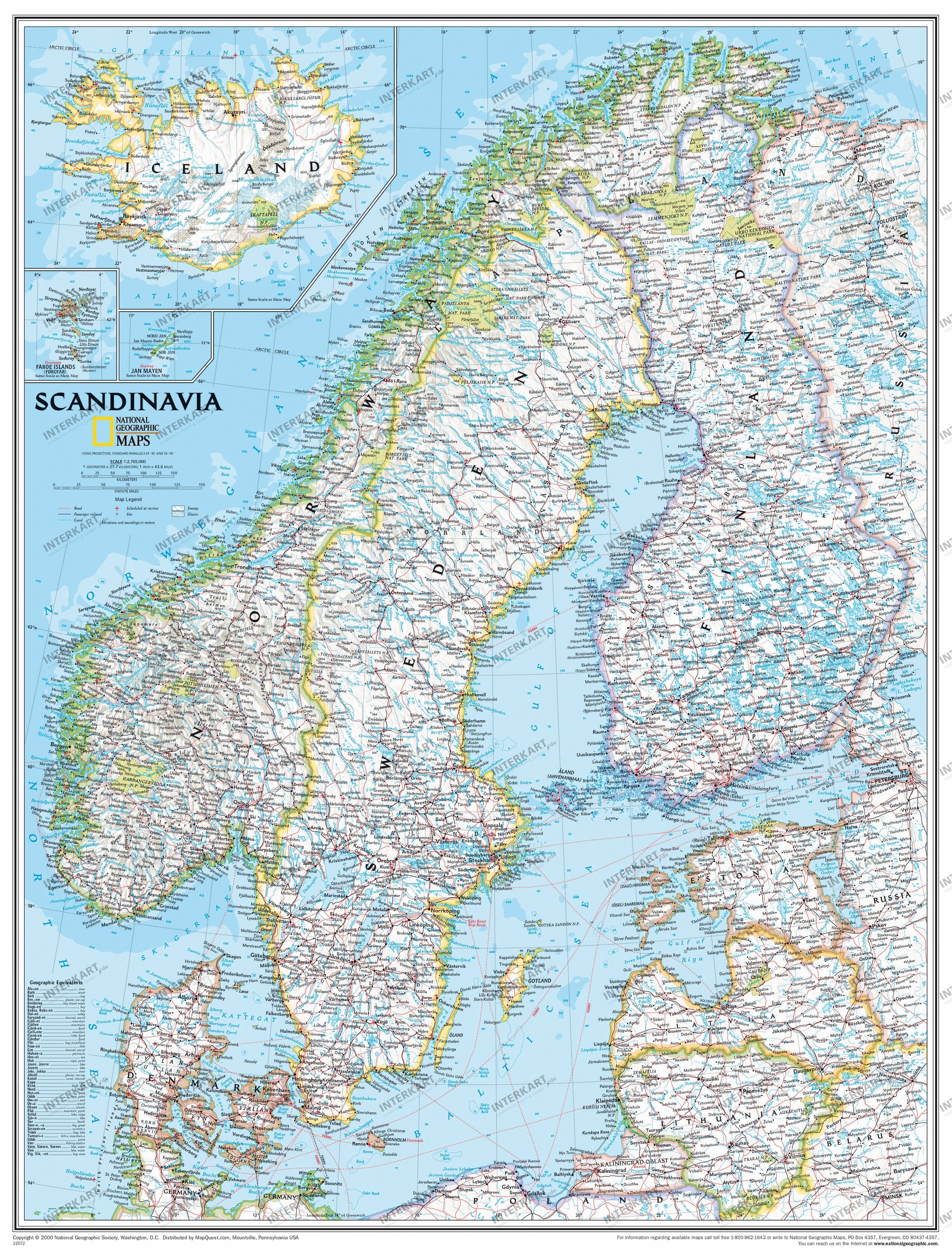 Kartenbild von National Geographic Skandinavien Landkarte 58 x 76 cm englisch ORBIT Globes & Maps Aktuell 2019 Pinnwand Landkarte classic mit Alurahmen 