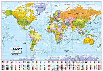 Politische Weltkarte mit Flaggen 1:30 Mio 135 x 96cm - Pinnwand