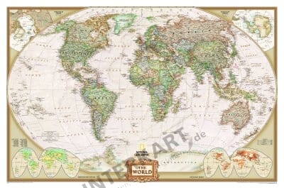 NGS Executive World Map (antique-tones), standard size - magnetboard gold frame