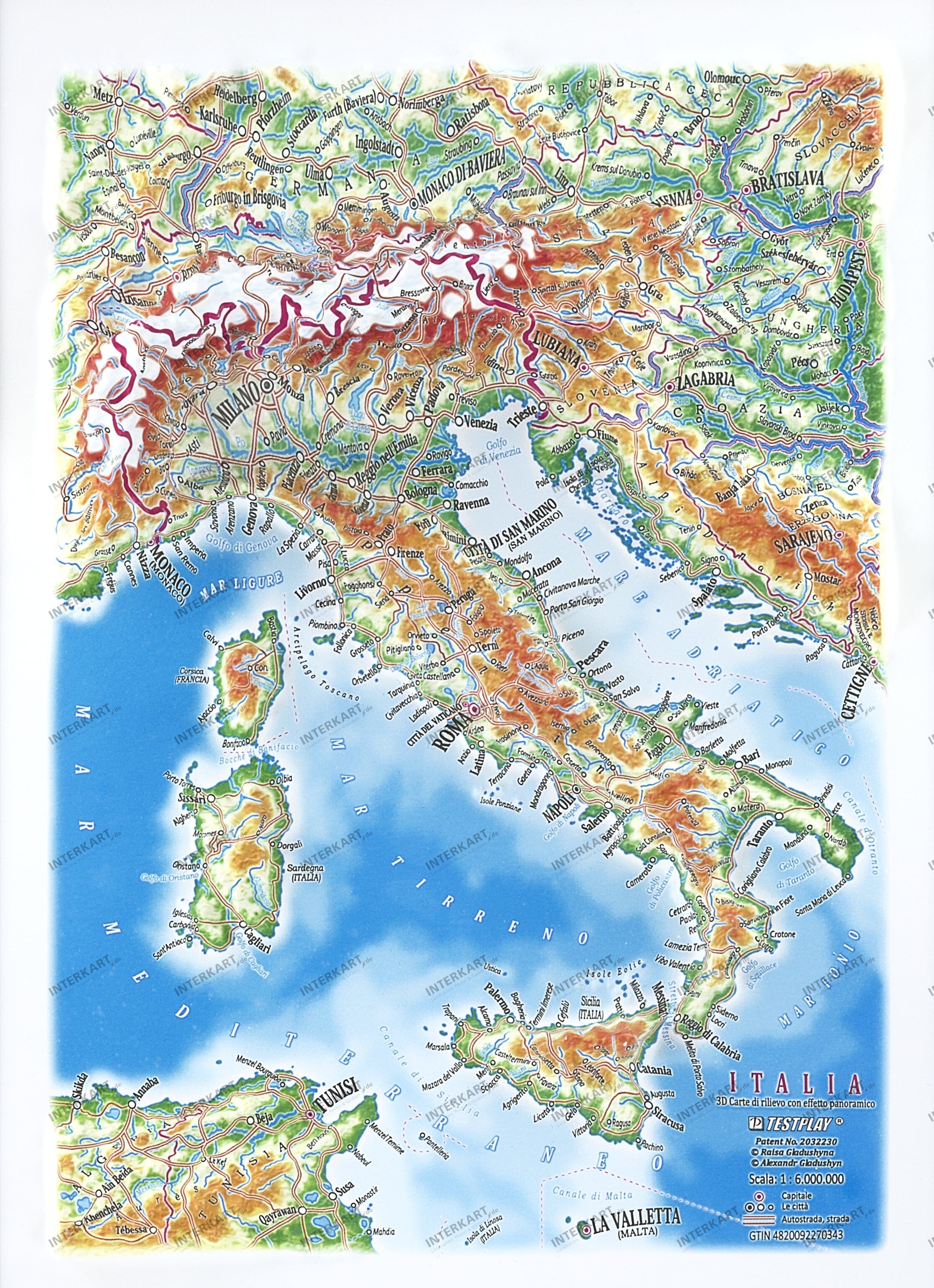 3D Relief Panoramakarte Italien A4 Format