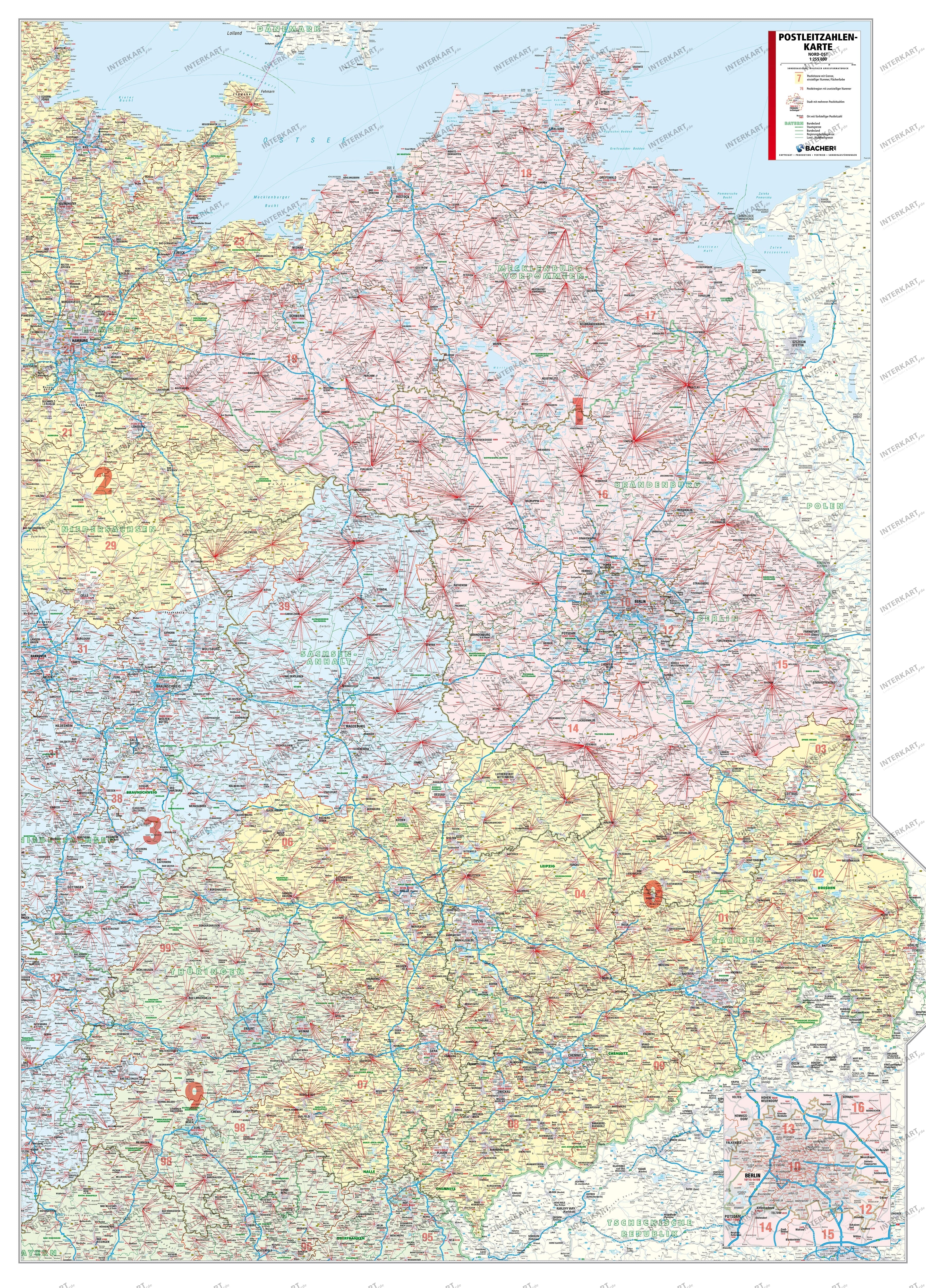 Postleitzahlenkarte Nord- und Ostdeutschland 110 x 153cm