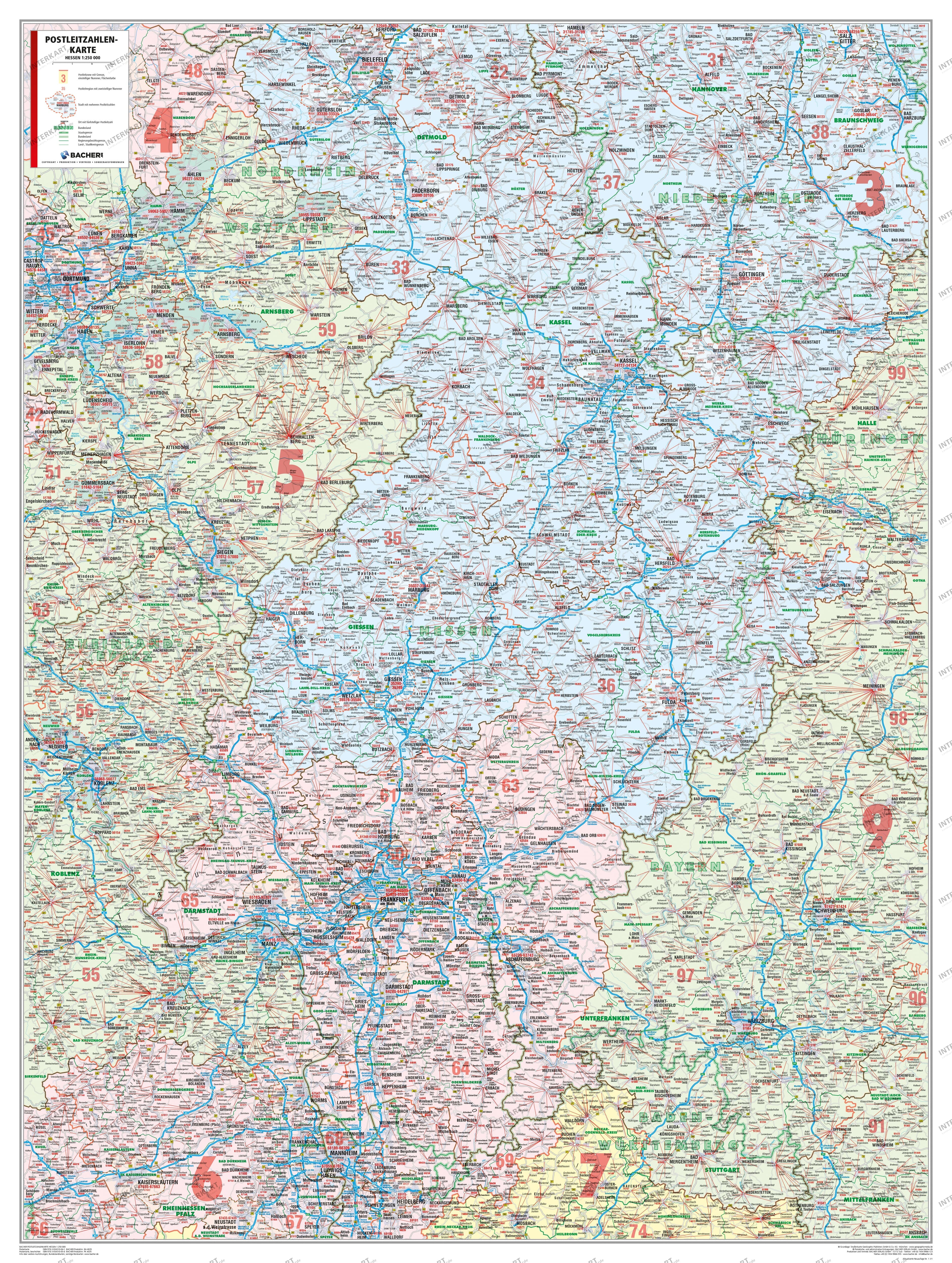 Postleitzahlenkarte Hessen 98 x 130cm