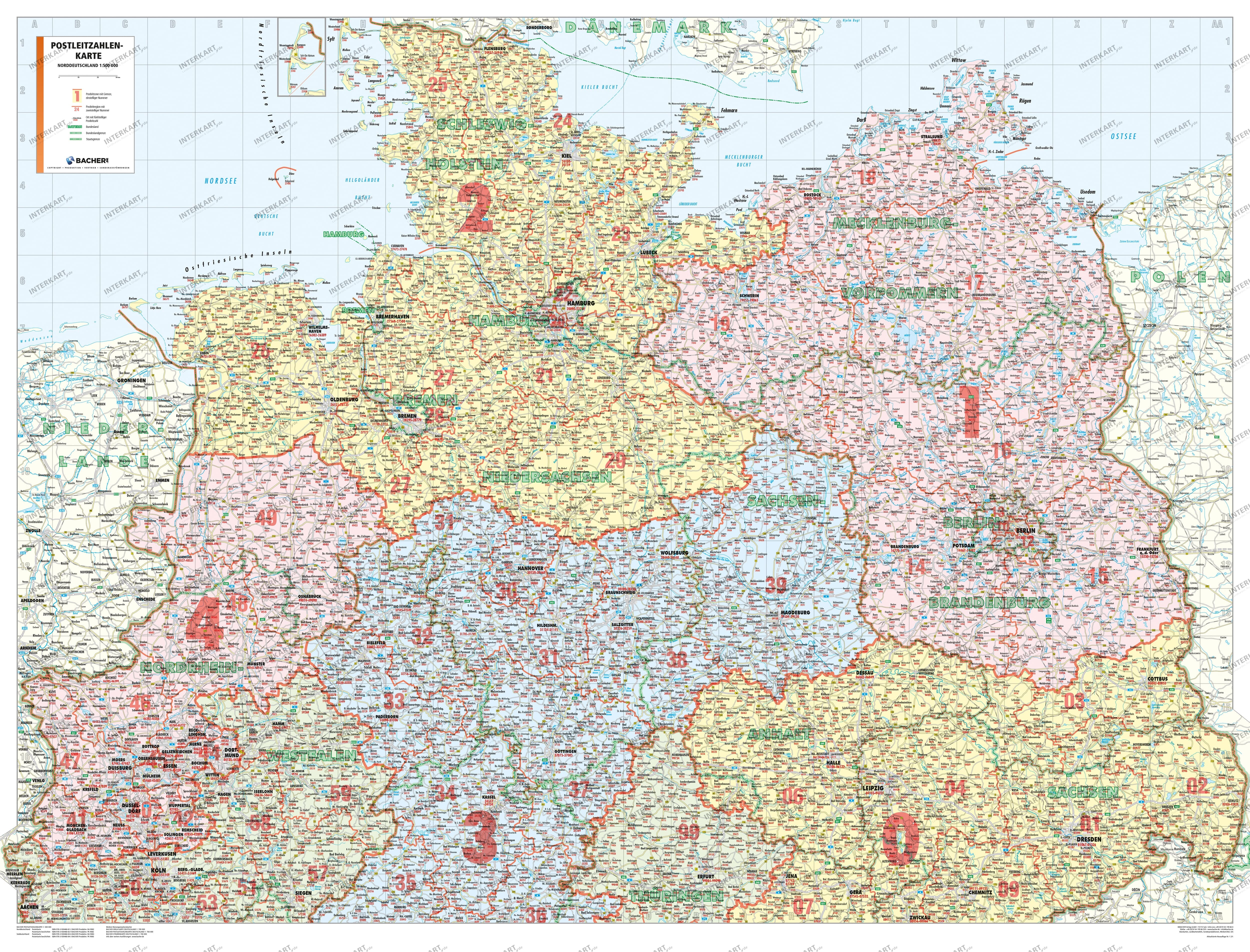 Postcode Wall Map Northern Germany 131 x 98cm