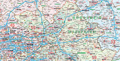 Postleitzahlenkarte Nordrhein Westfalen 107 X 98cm