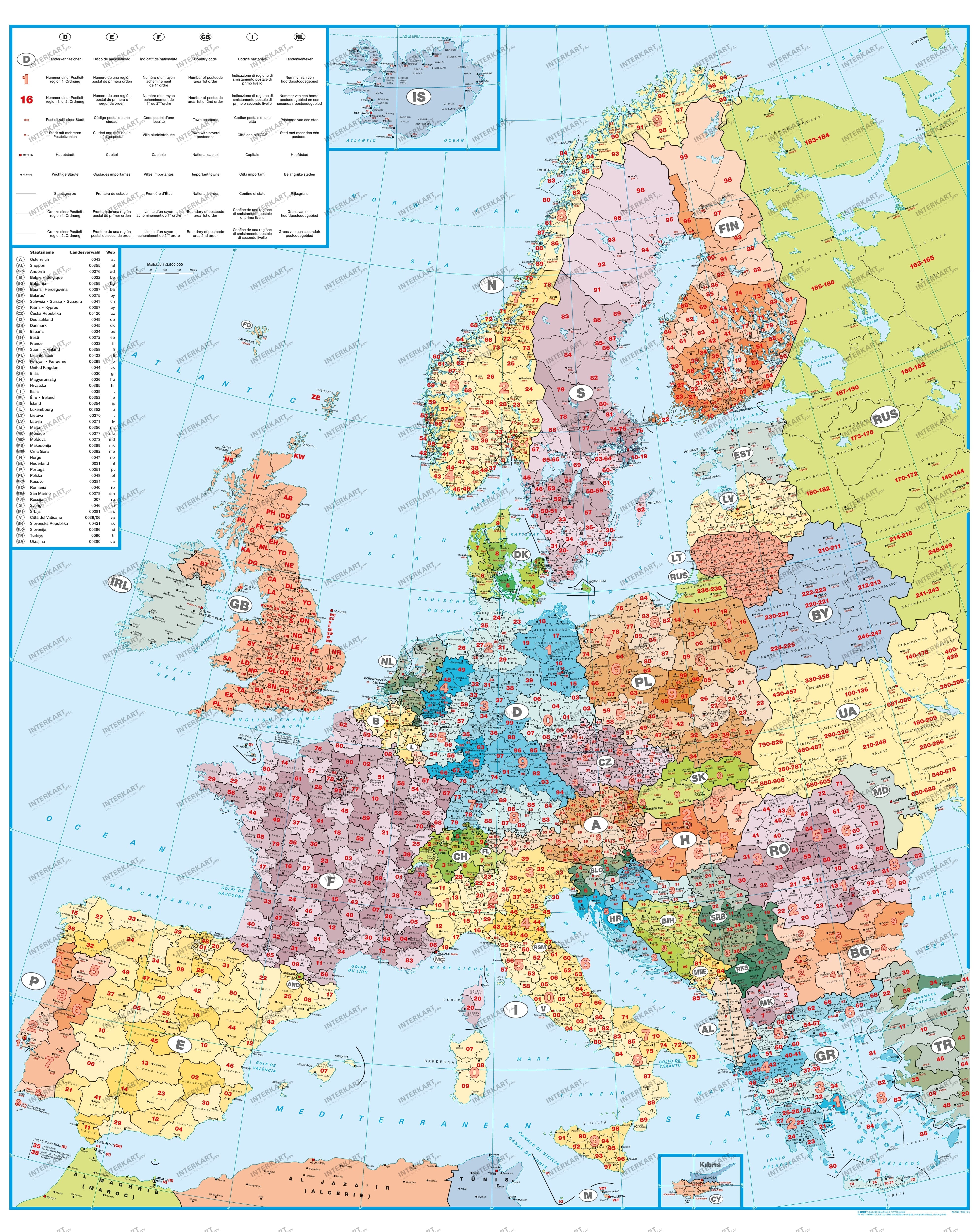 Post Code Map of Europe 98 x 123cm