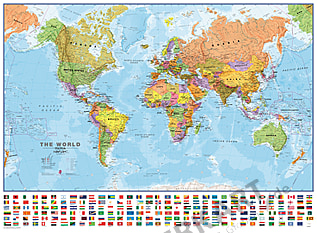Political world map with flags - 135 x 100cm