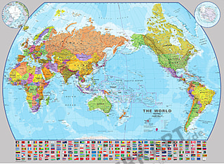 Politische Weltkarte Pazifik zentriert mit Flaggen 135 x 100cm