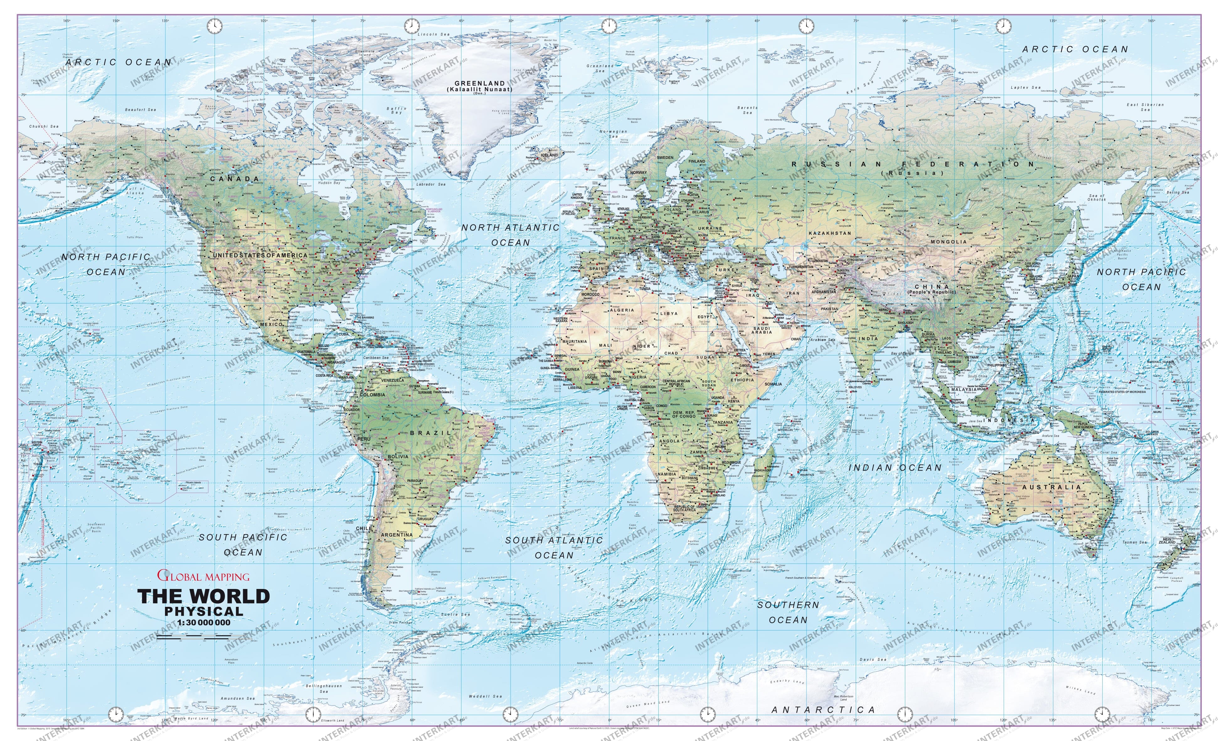 Weltkarte Poster physikalisch 1:30 Mio mit Zeitzonen - Global Mapping
