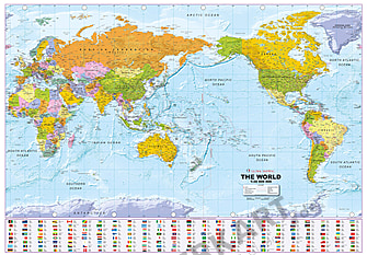 Weltkarte politisch mit Flaggen Pazifikansicht 137 x 95cm