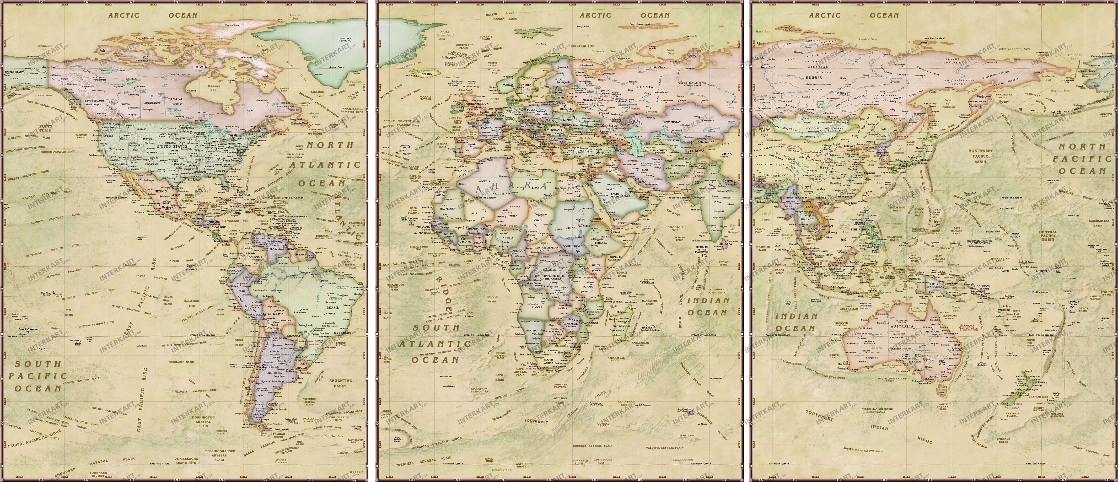 Weltkarte politisch antiker Stil, drei Teile