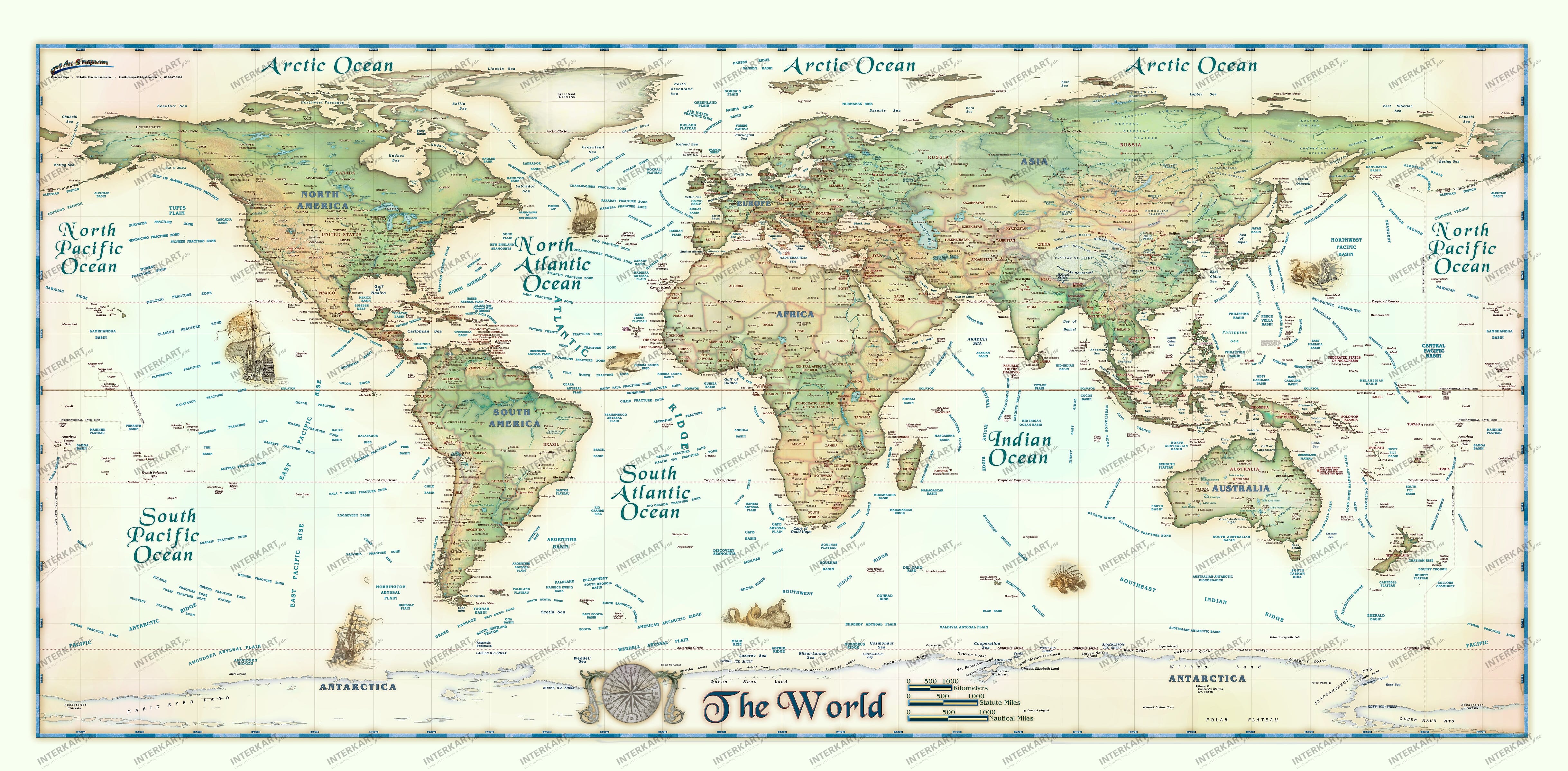 Weltkarte physikalisch im antiken Stil Europa zentriert