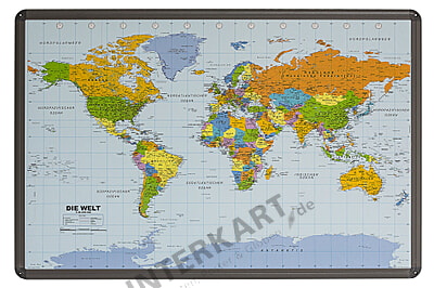 World Map German On Cork Pinboard Aluframed 90 X 60cm
