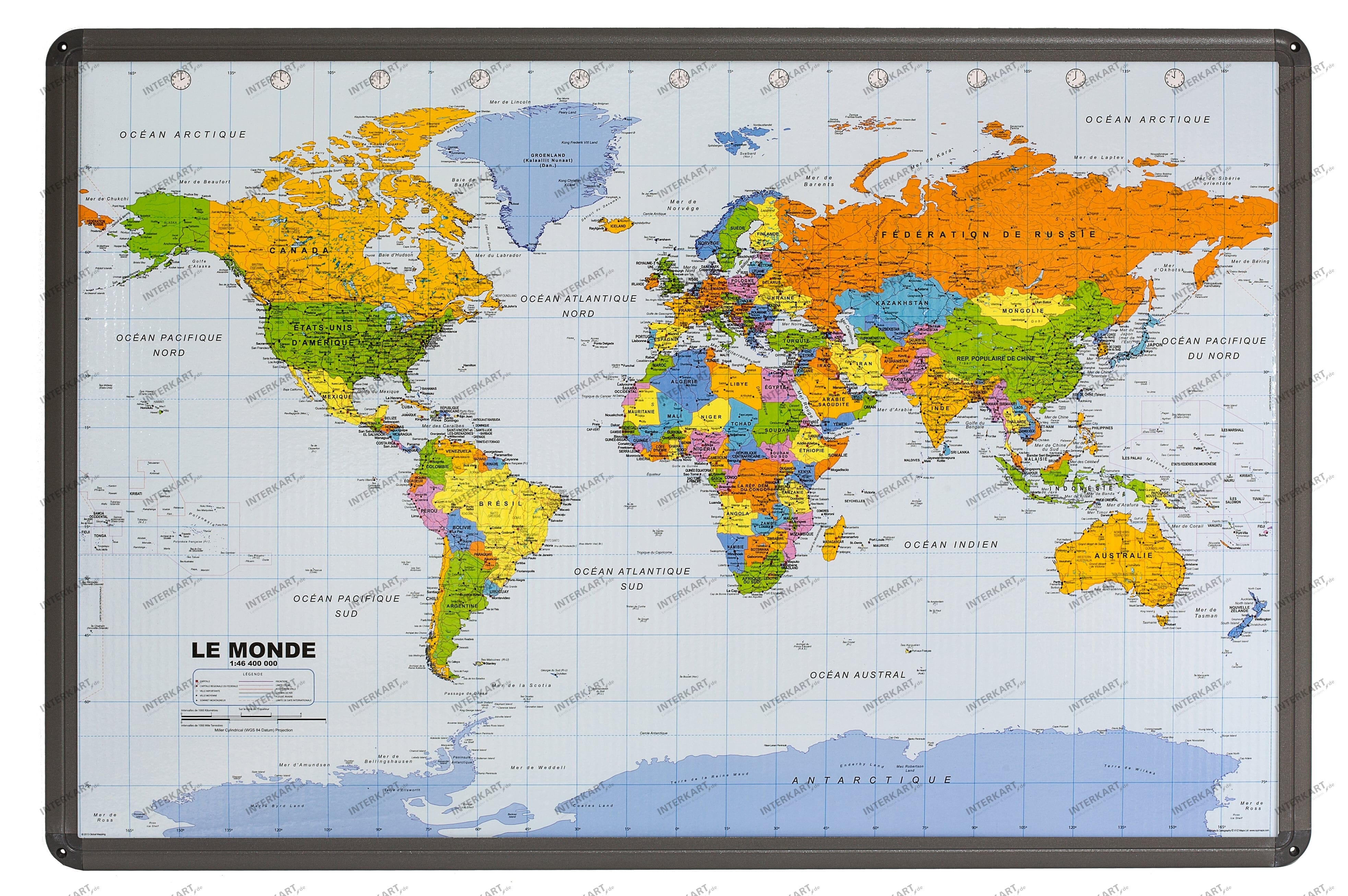 Verdenskort politisk (fransk) som kork opslagstavle med aluminiumsramme 90 x 60 cm