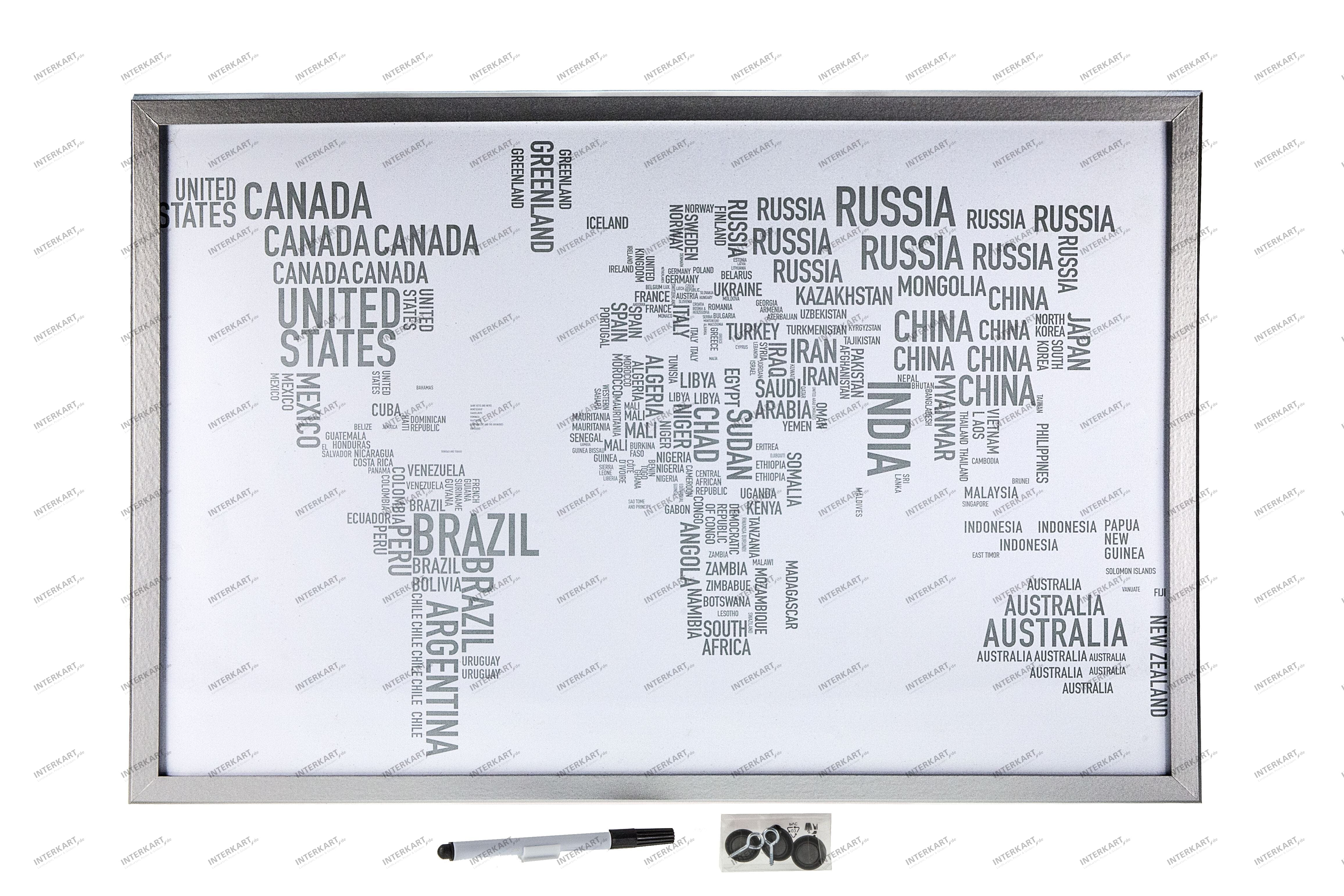 Magnetwand Weltkarte Silber Buchstaben 60 x 40cm