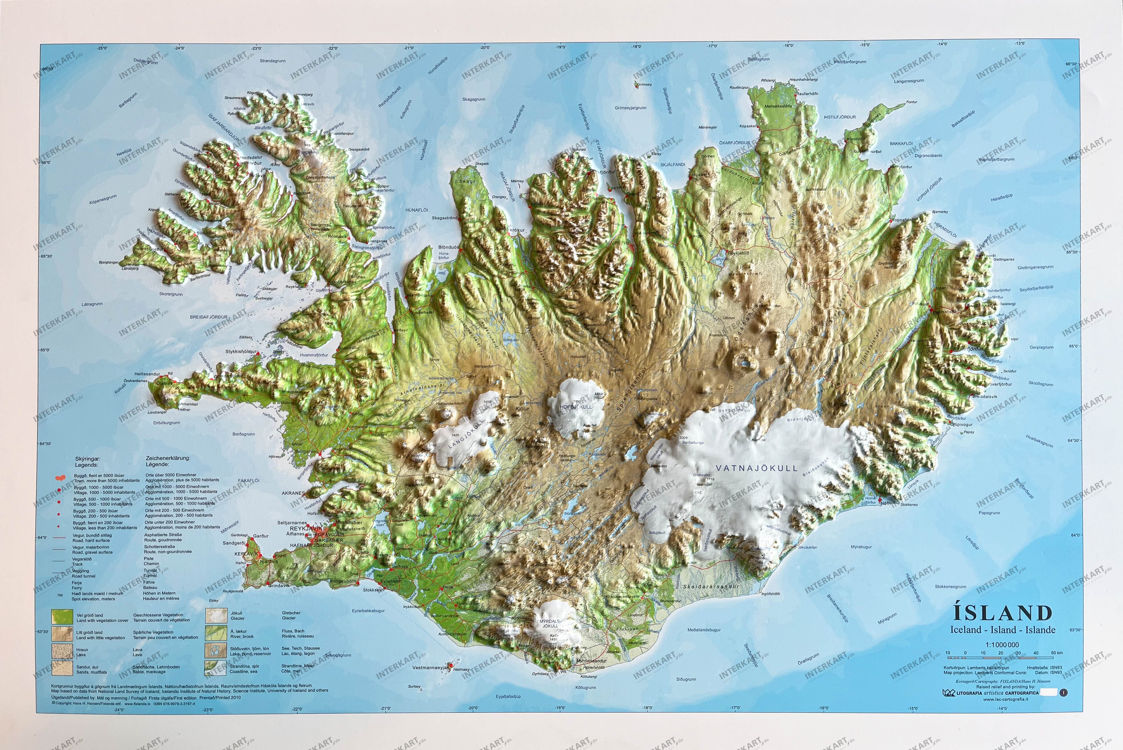 3D Relief Kort Island stort 47 x 67cm