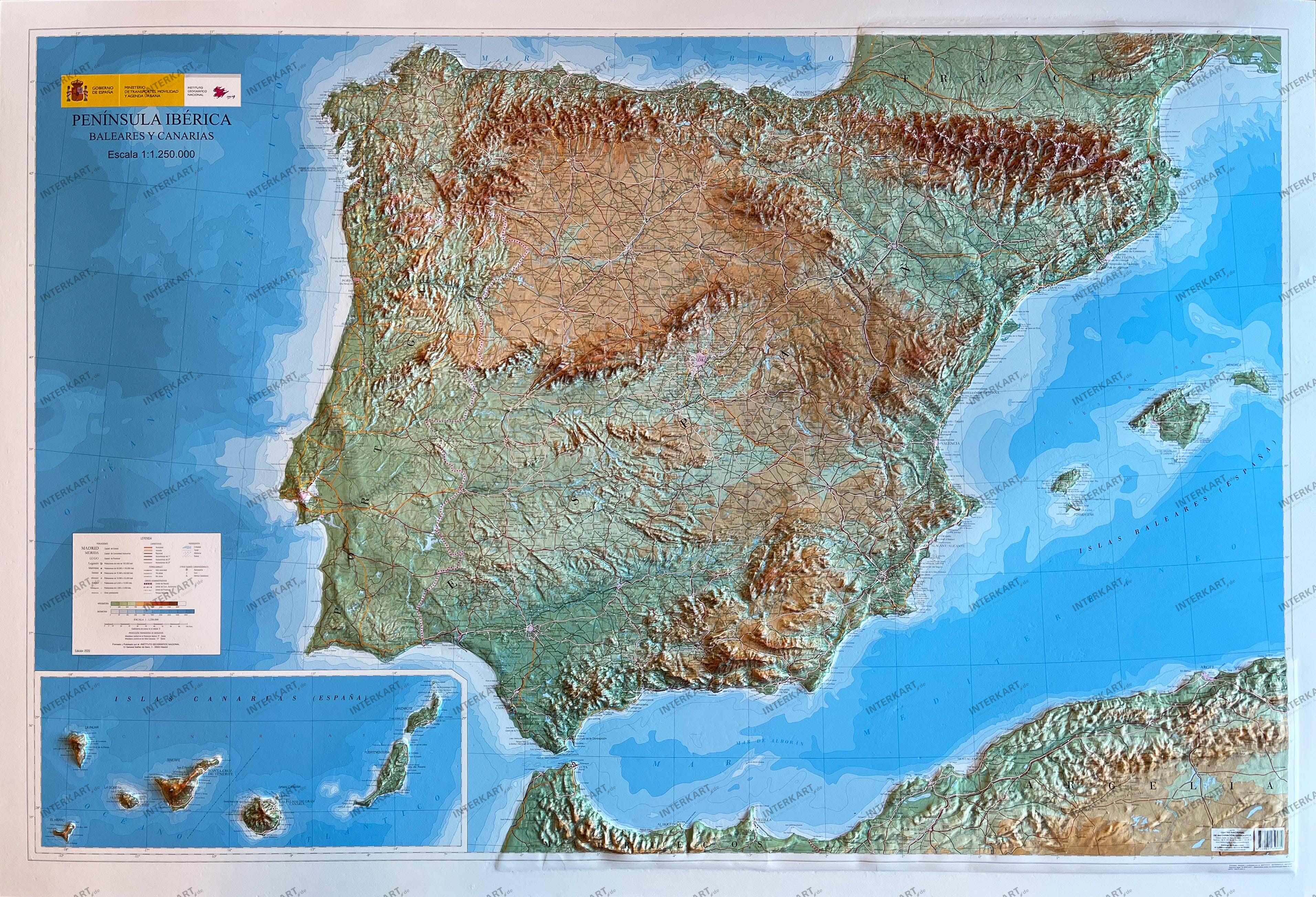 3D Reliefkort Spanien og Portugal (Iberiske Halvø) 127 x 88cm