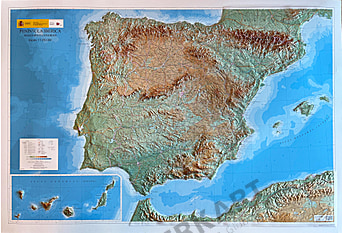3D Reliefkort Spanien og Portugal (Iberiske Halvø) 127 x 88cm