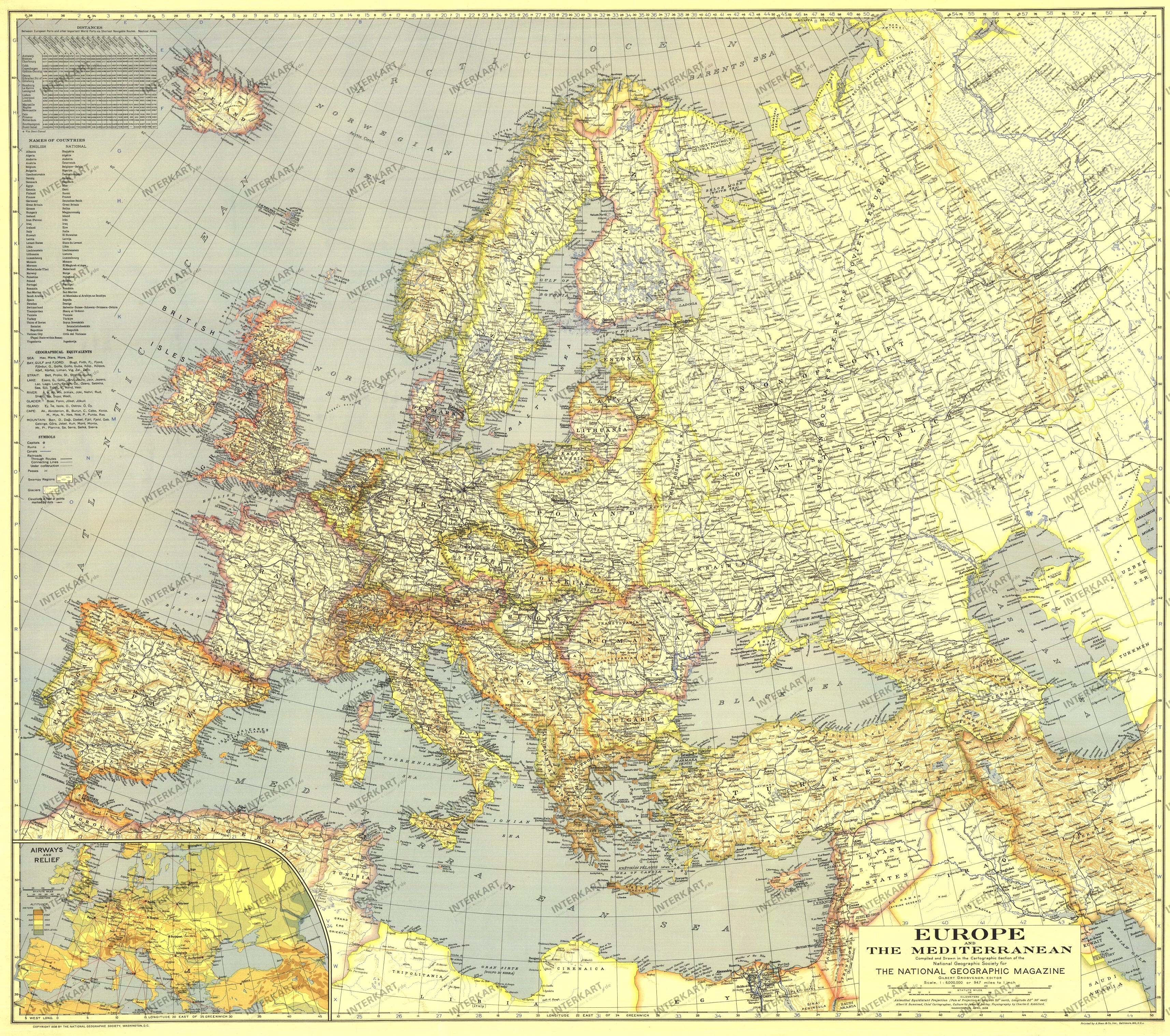 1938 Europe And The Mediterranean Map 96 x 86cm