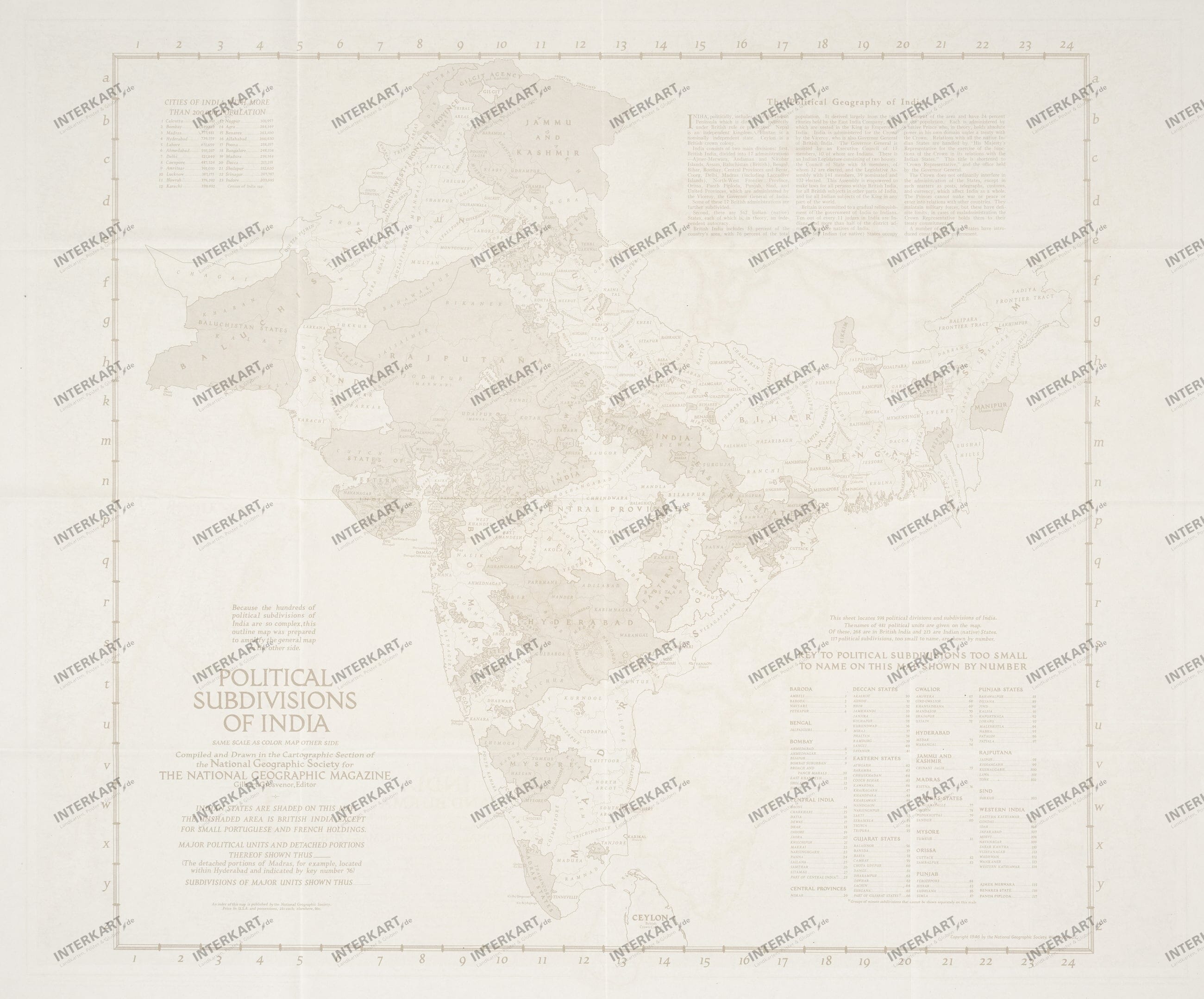 1946 Political Subdivisions Of India Map from National Geographic