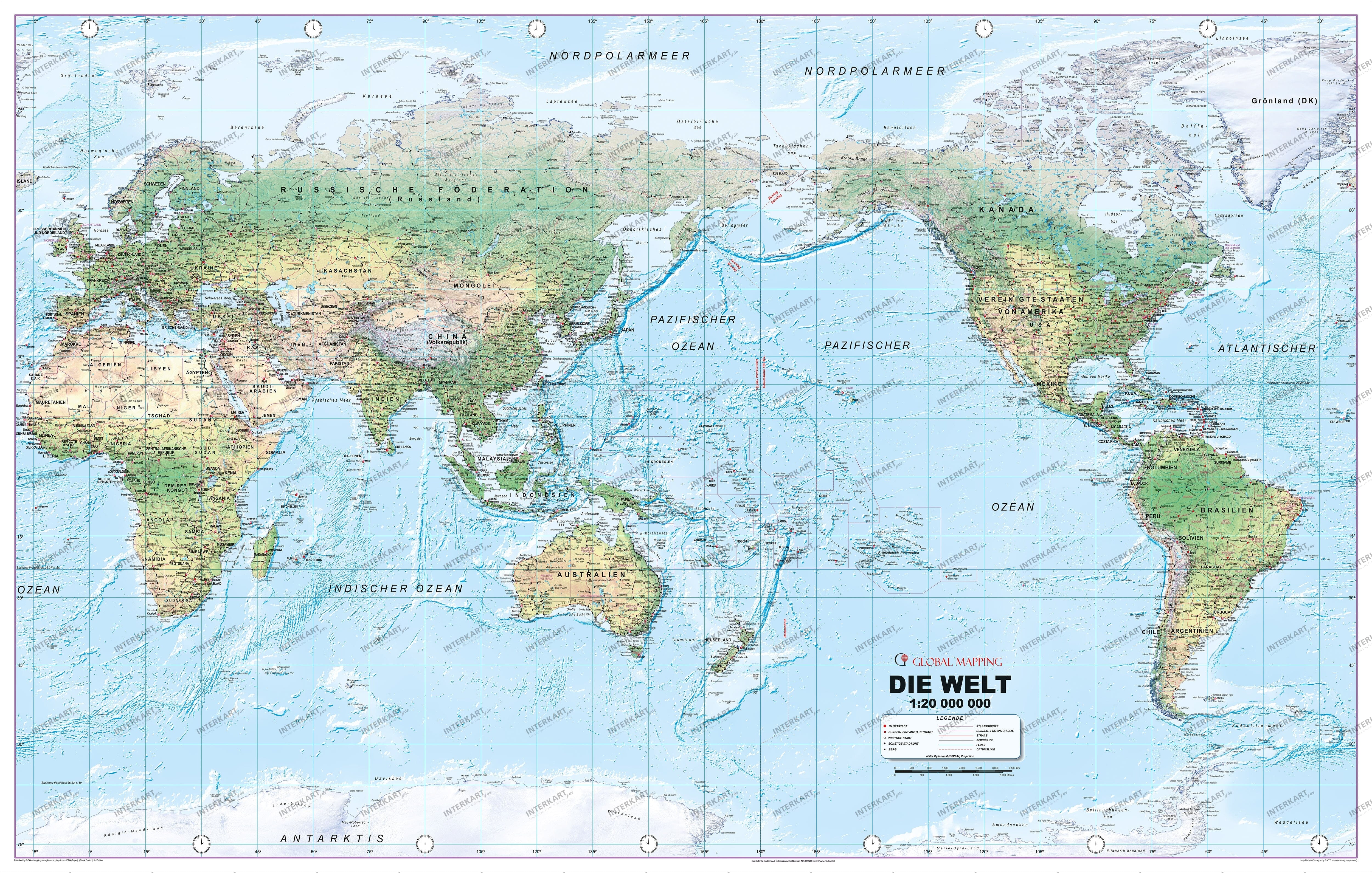 Weltkarte physikalisch Pazifik zentriert deutsch XL 198 x 121cm
