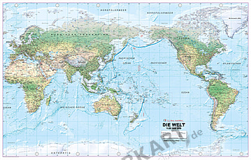 Weltkarte physikalisch Pazifik zentriert deutsch XL 198 x 121cm