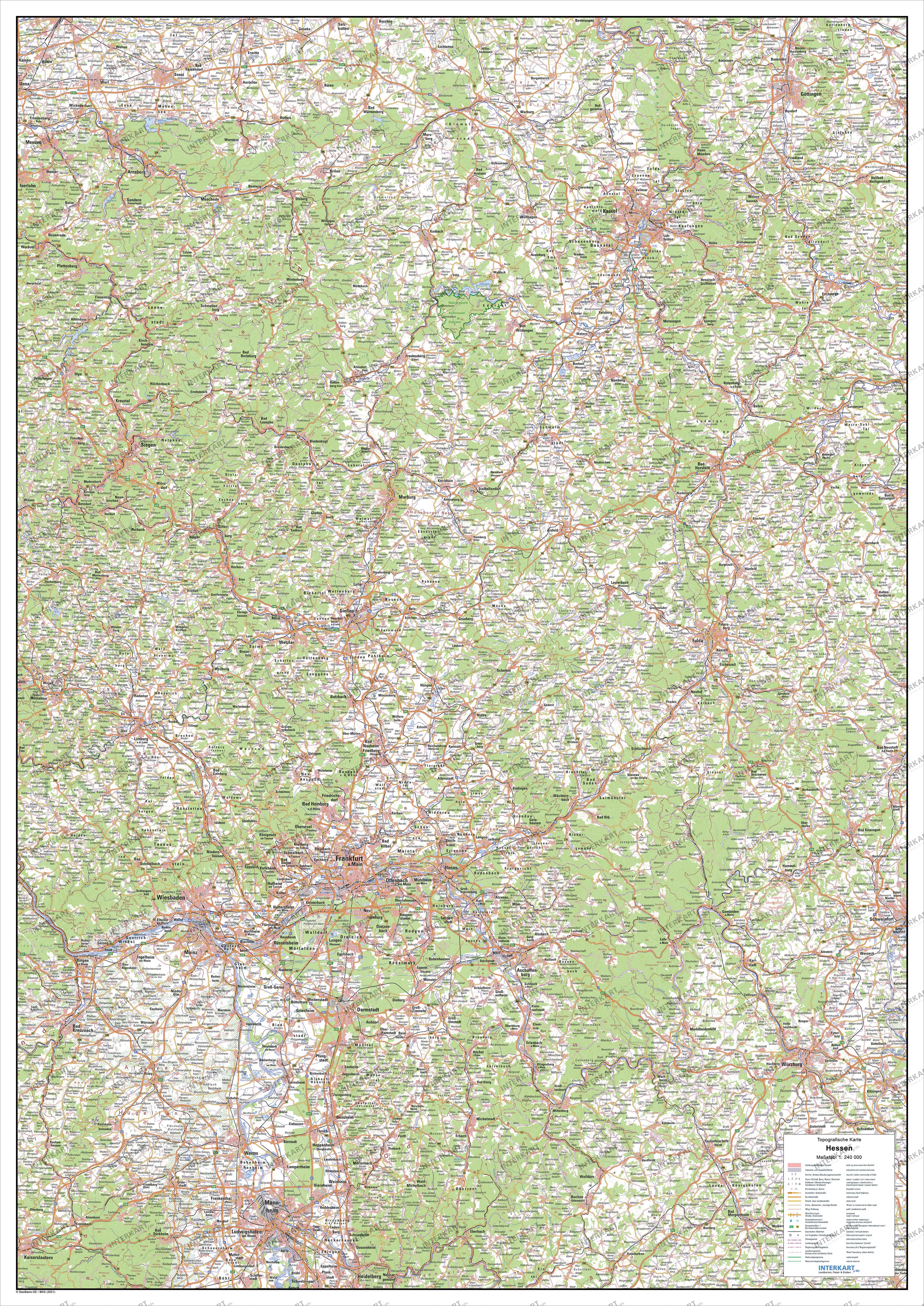 Topographical Map of Hesse 78 x 110cm