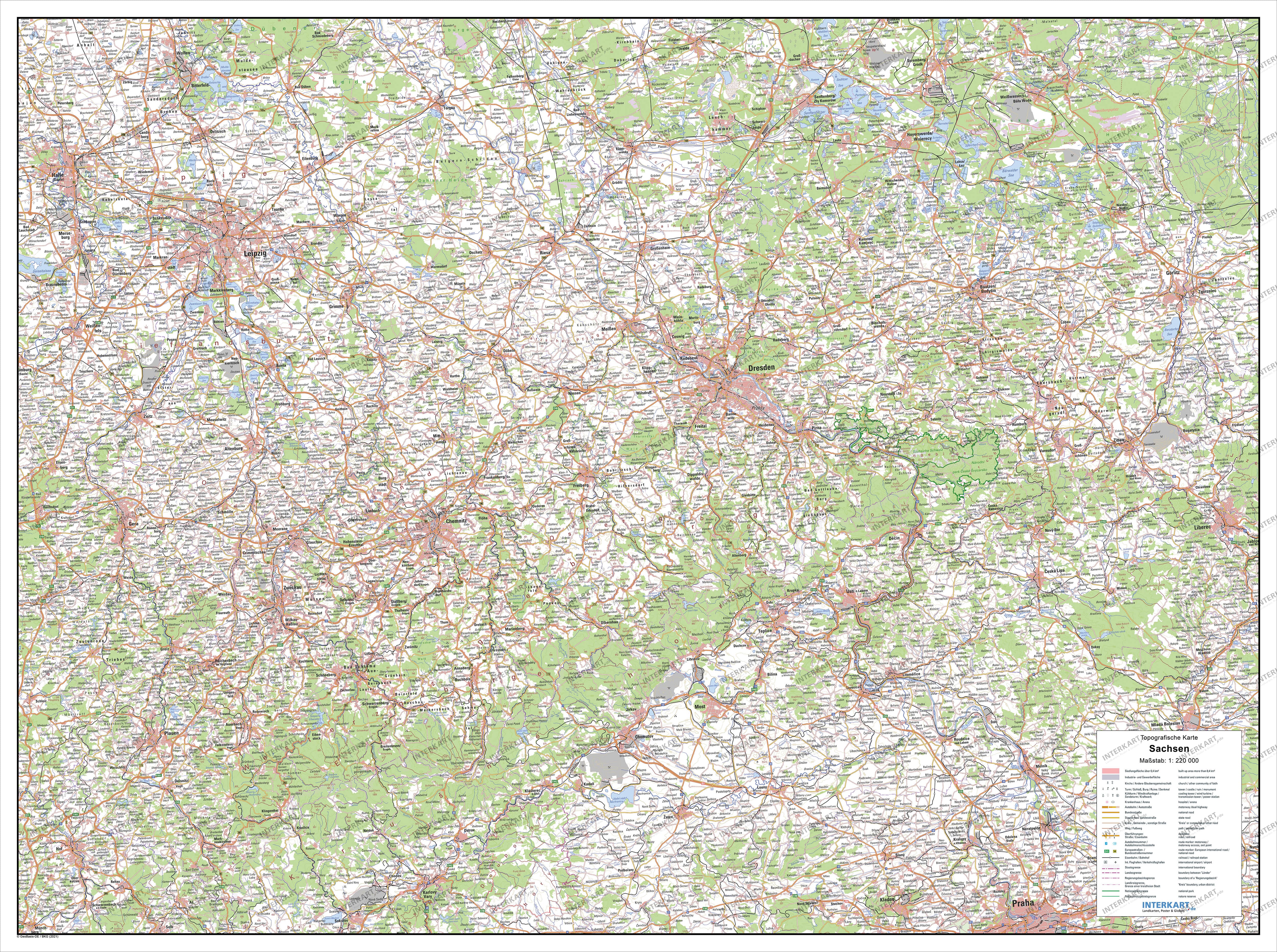 Topographical Map of Saxony 110 x 82cm