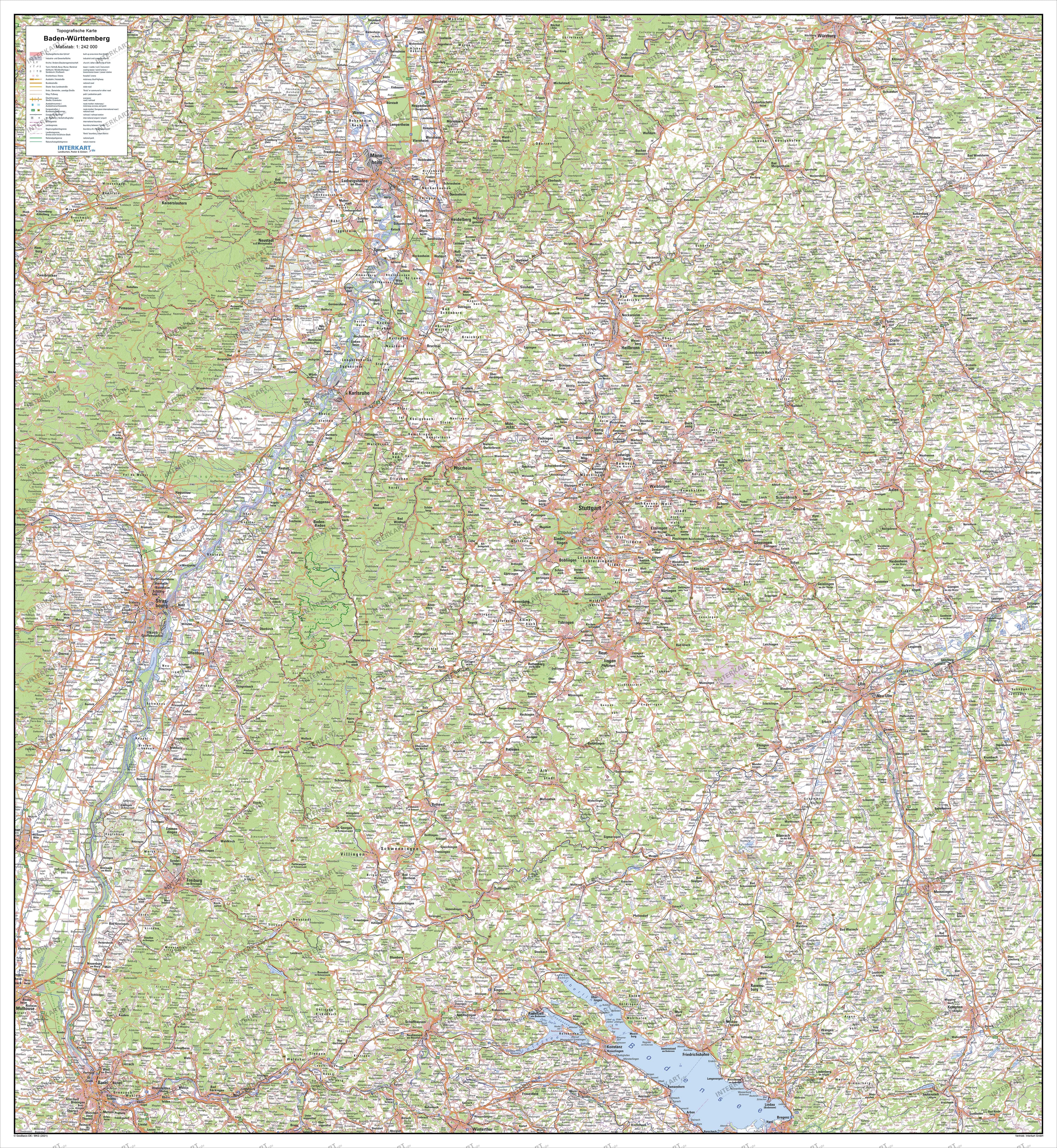 Topographical Baden-Wuerttemberg Map 100 x 110cm