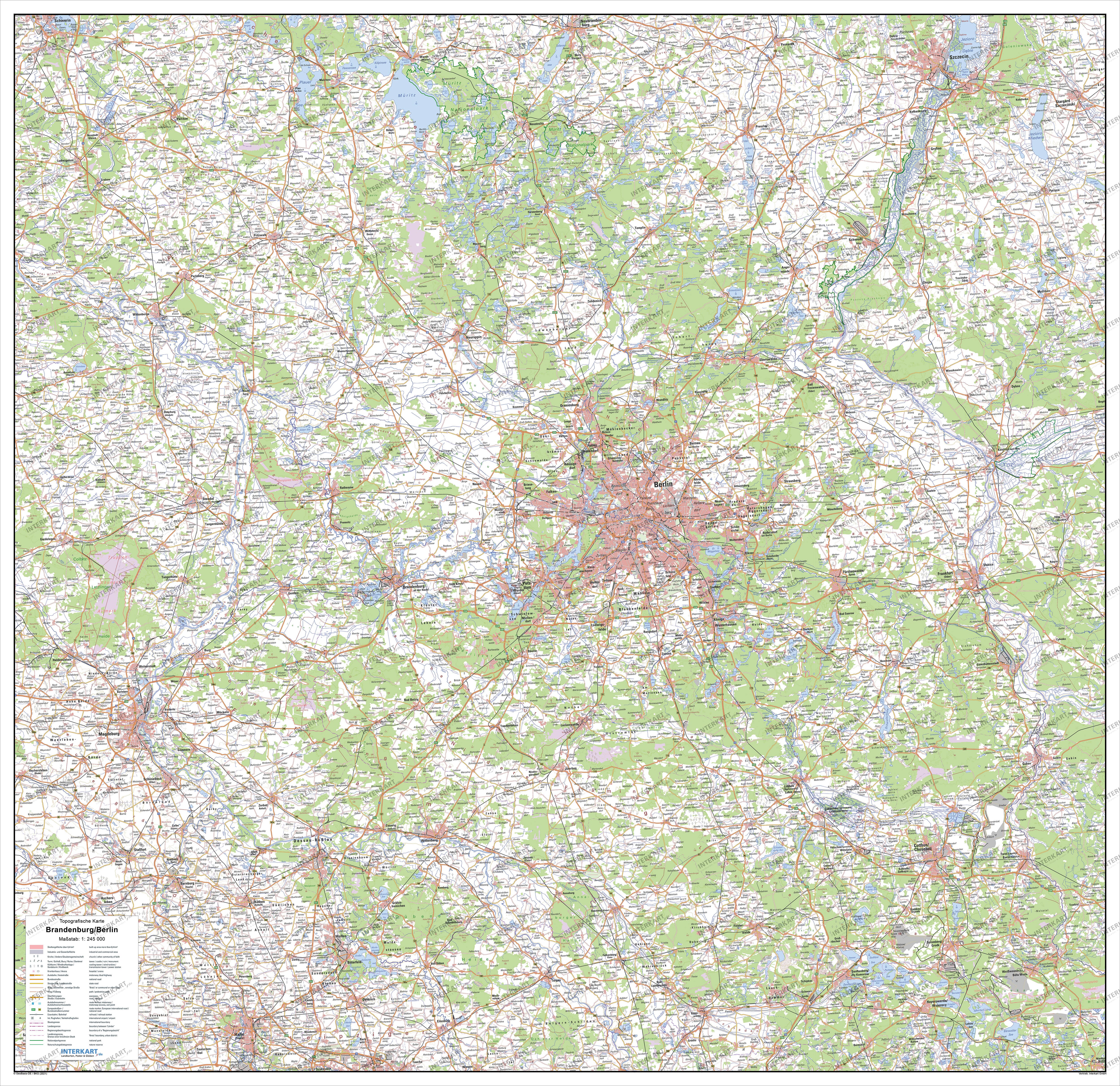 Topographic Brandenburg and Berlin Map 108 x 105cm