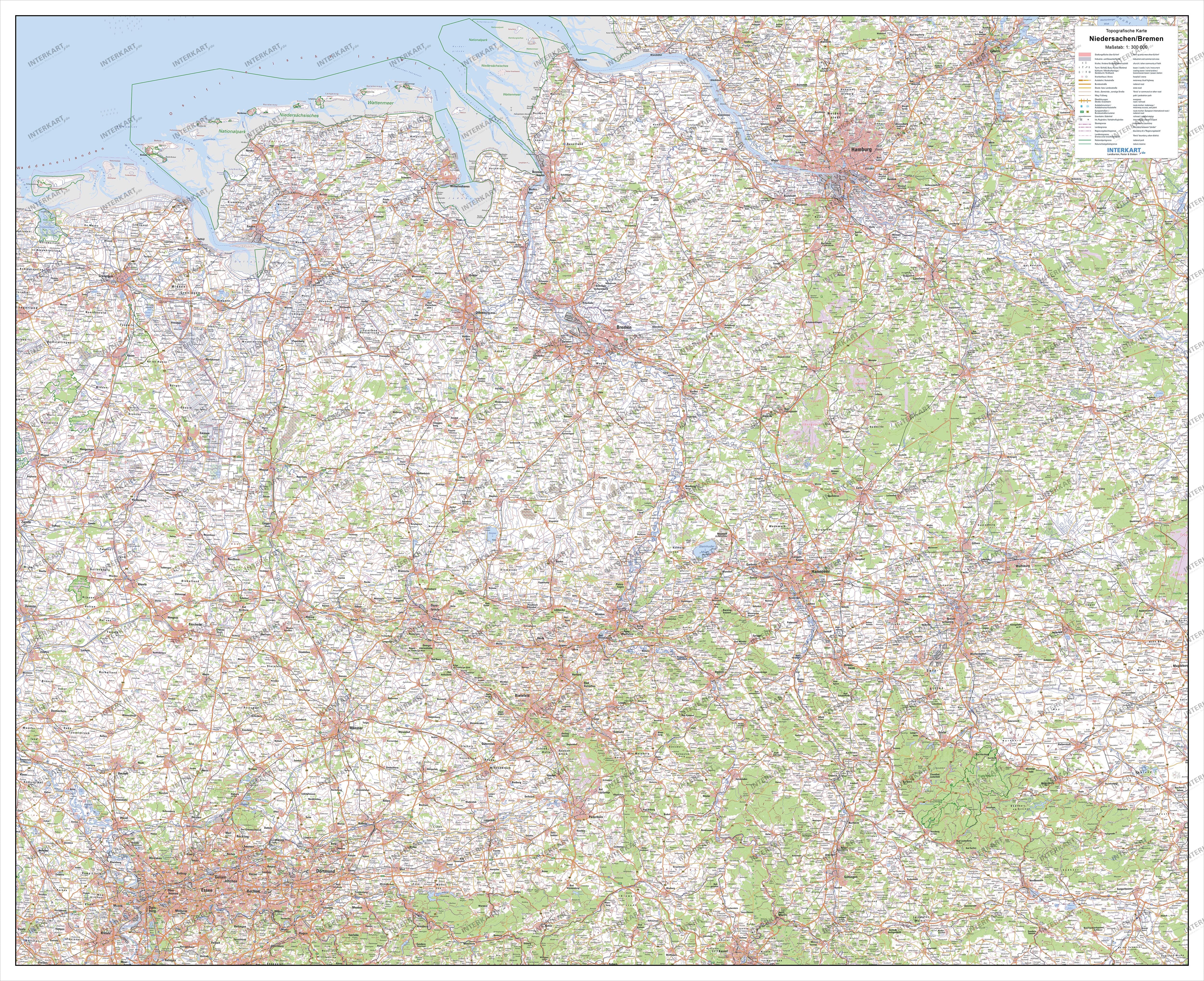 Topographic Map of Lower Saxony and Bremen 130 x 105cm