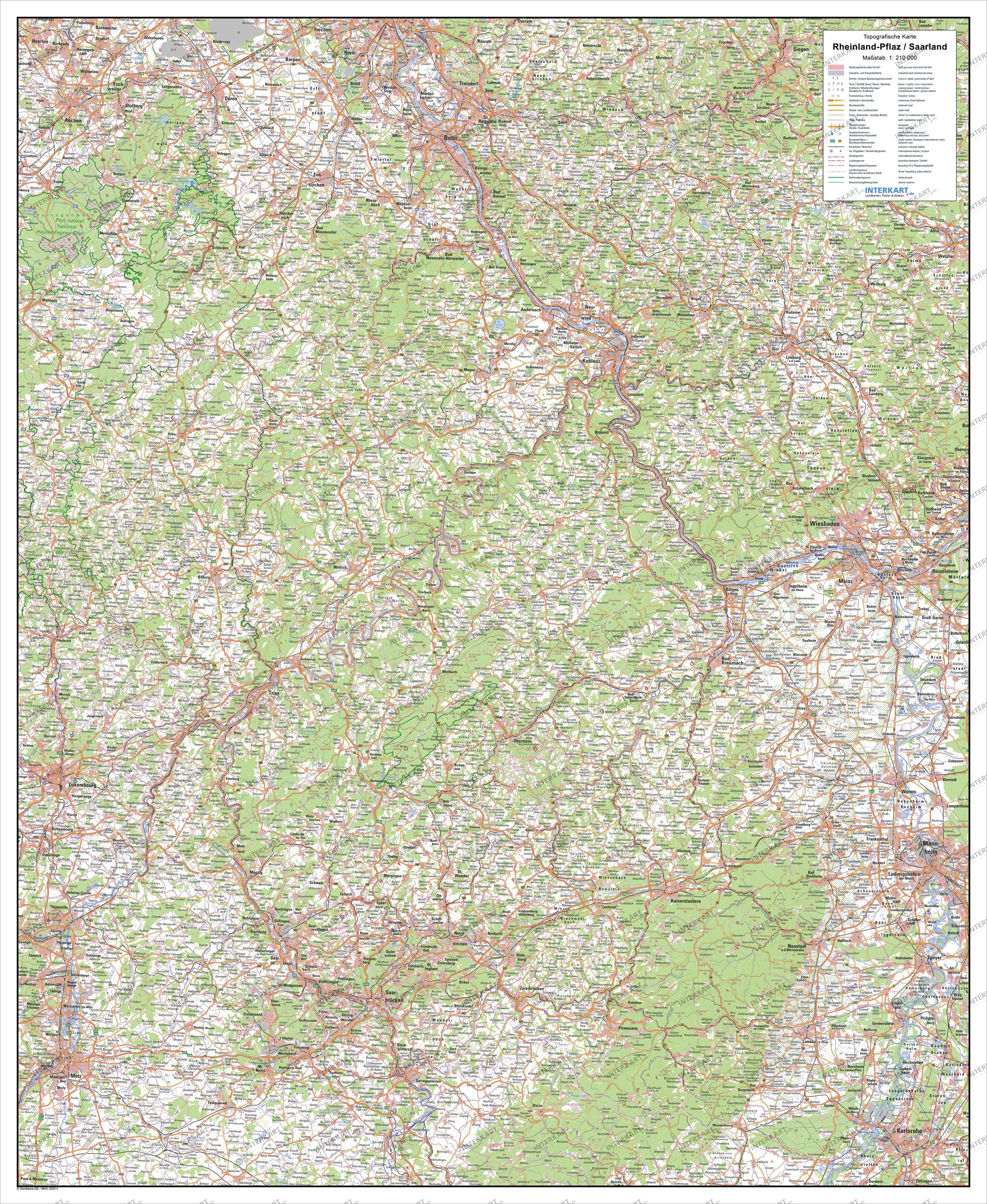 Topographical Map of Rhineland-Palatinate and Saarland 90 x 110cm
