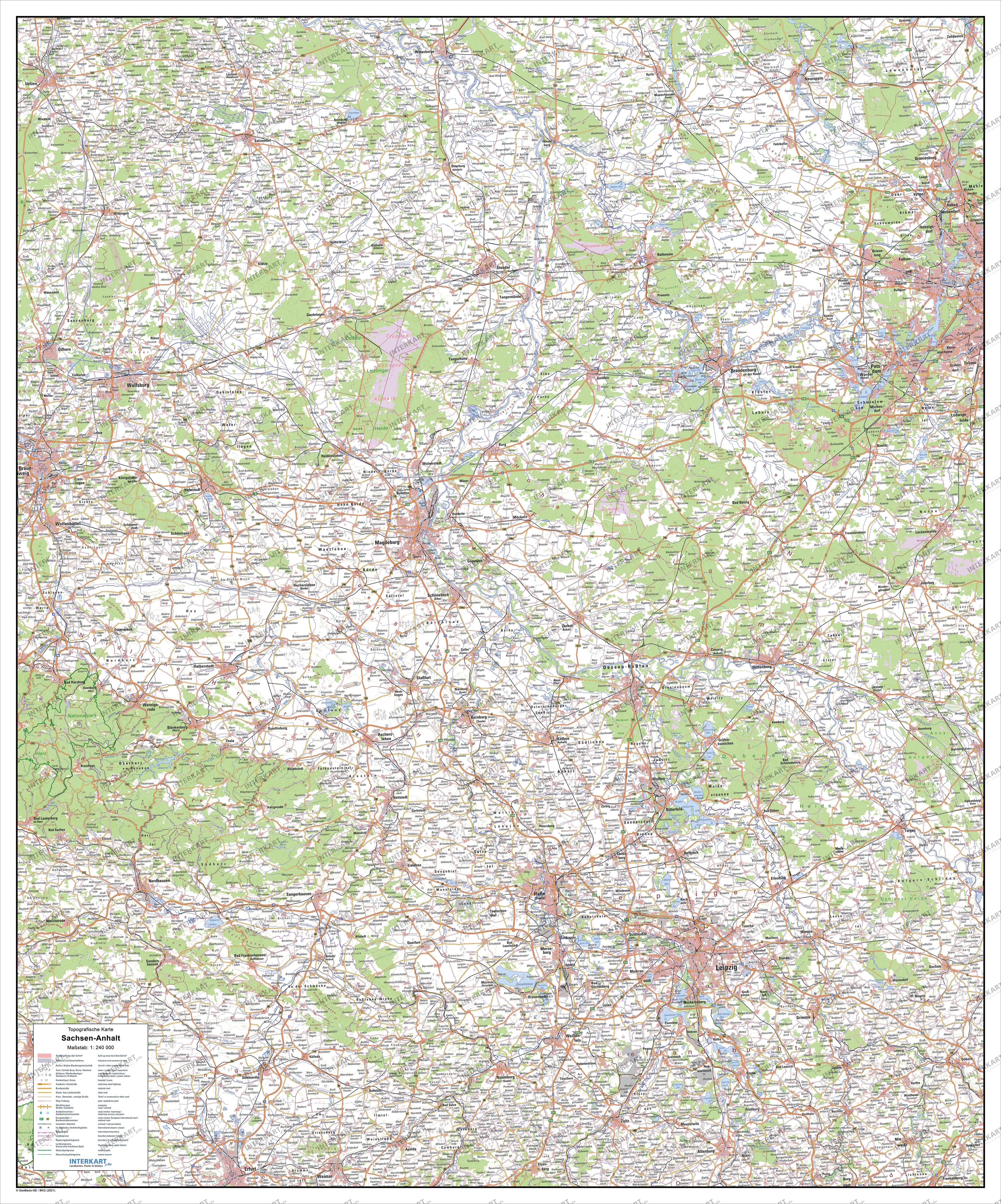 Topografische Sachsen-Anhalt Karte 83 X 100cm