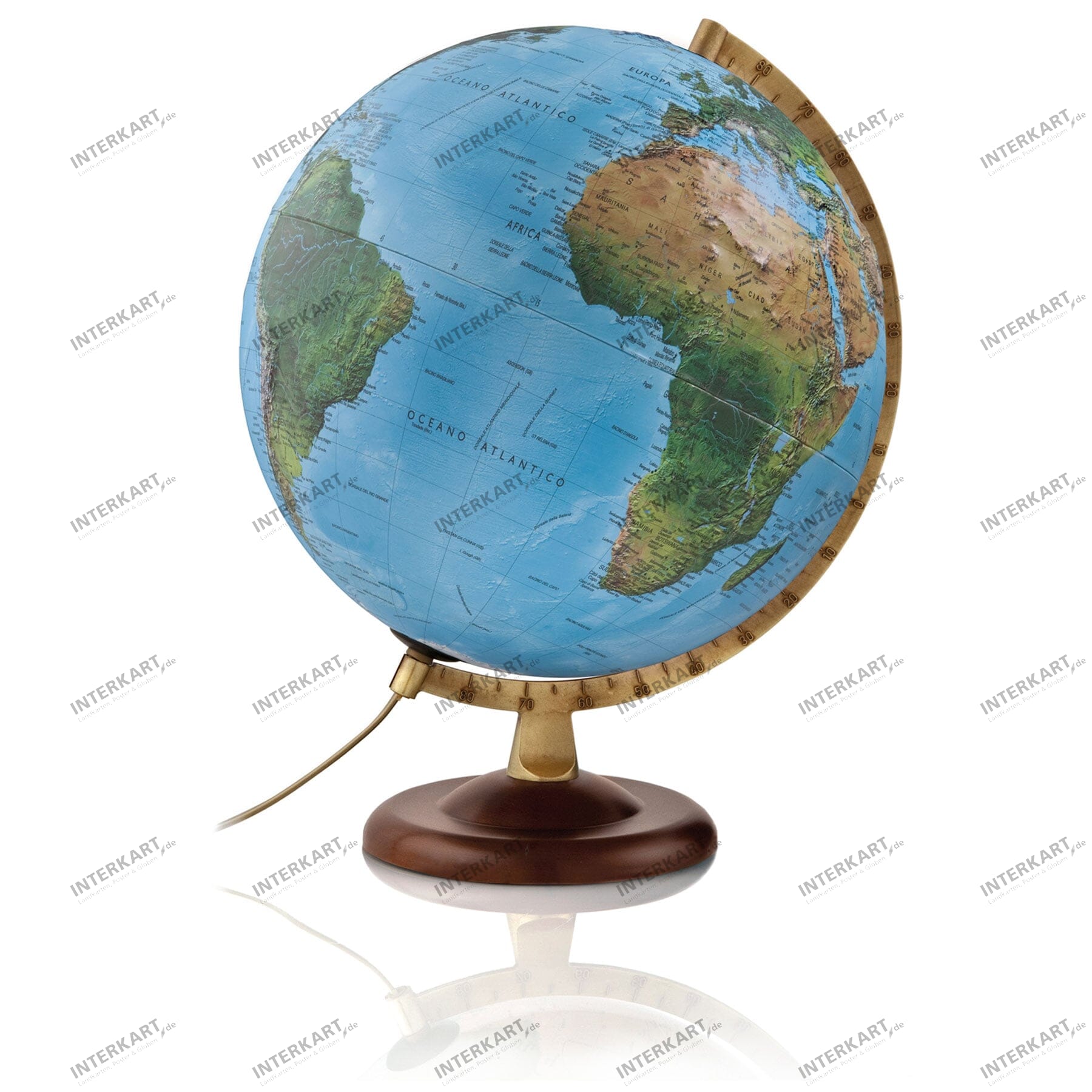 Relief Leuchtglobus mit wallnusfarbigen Holzfuß 