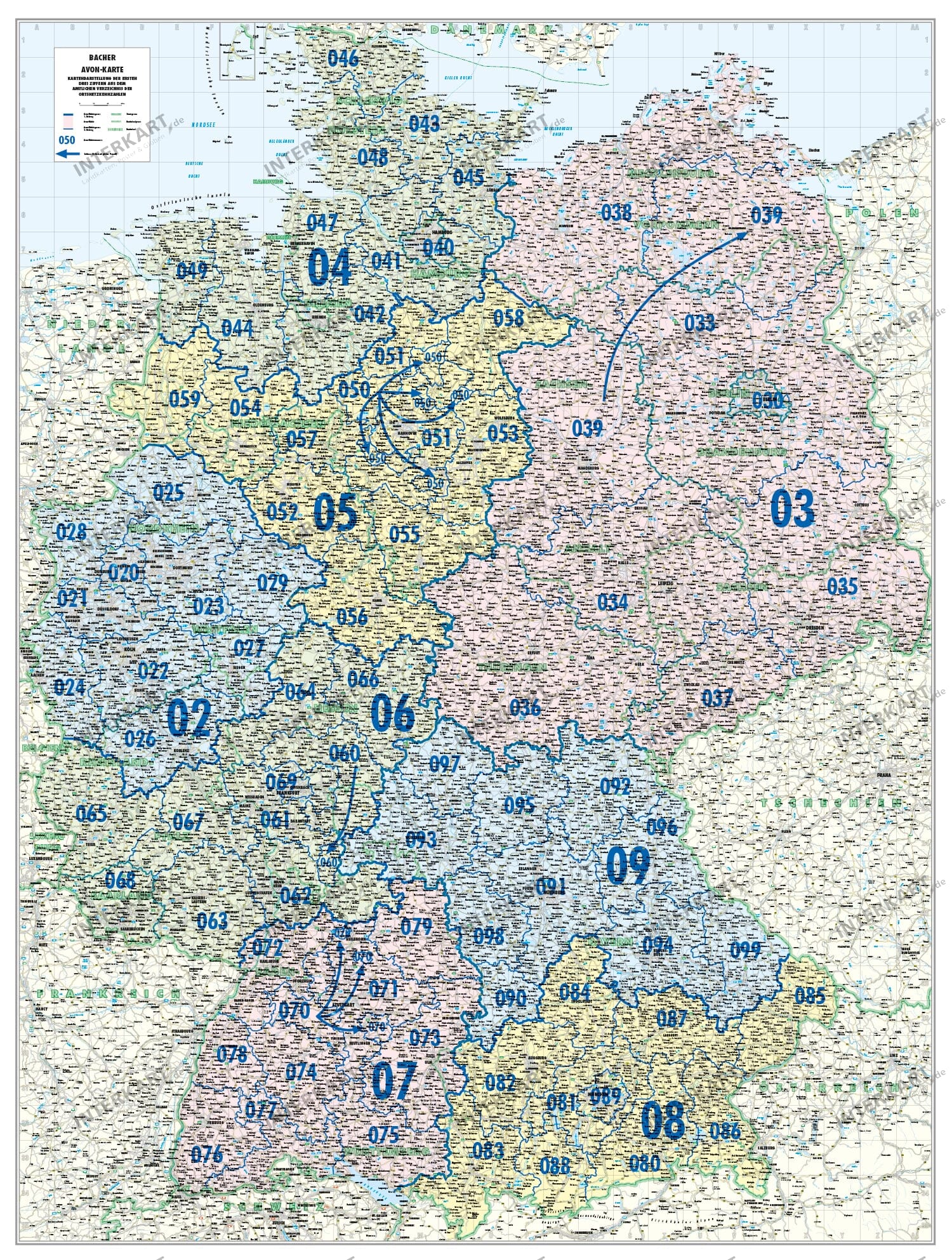 Telefonvorwahl (AVON) Karte Deutschland 110 x 150cm