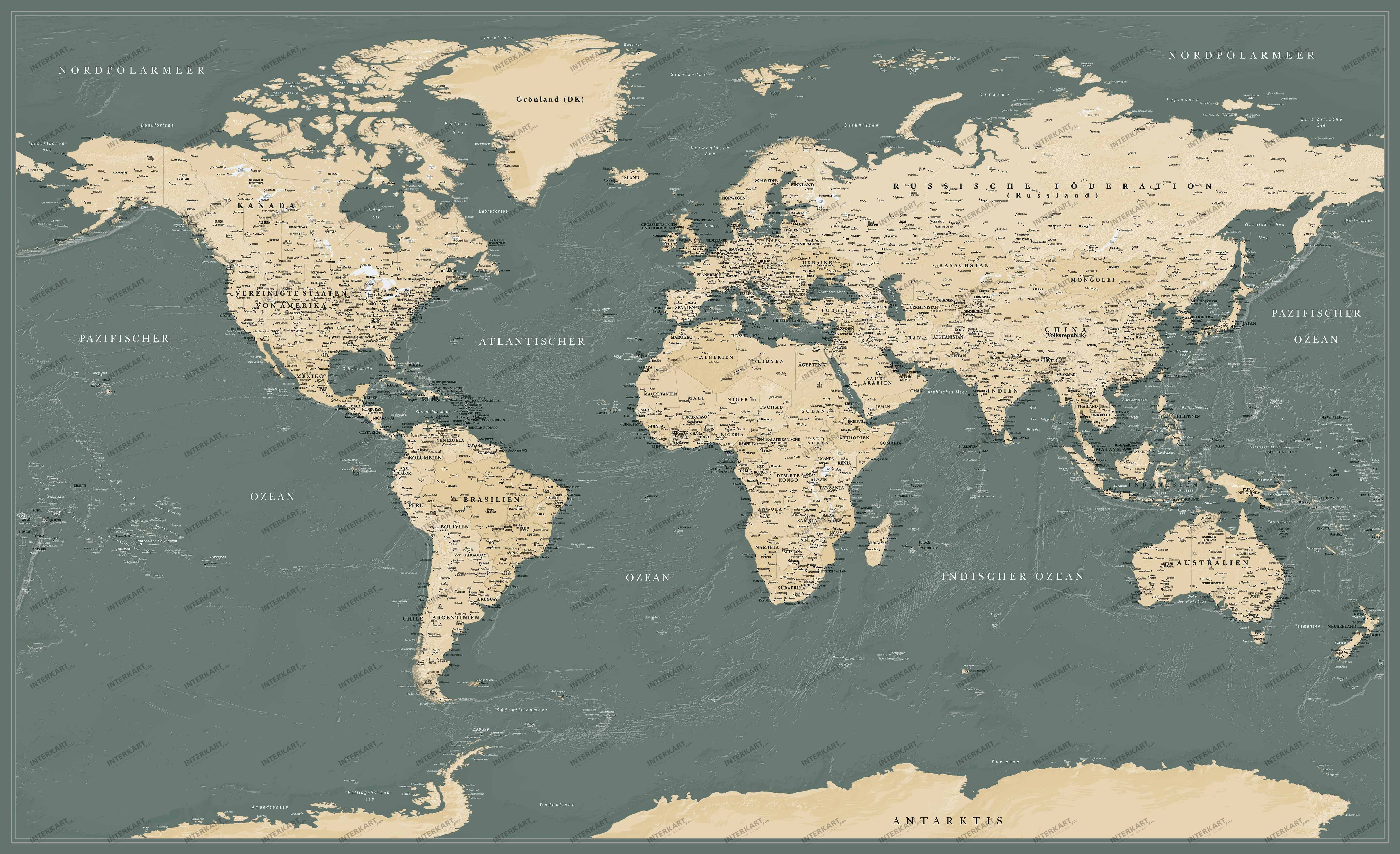 Decorative World map in grey-green 