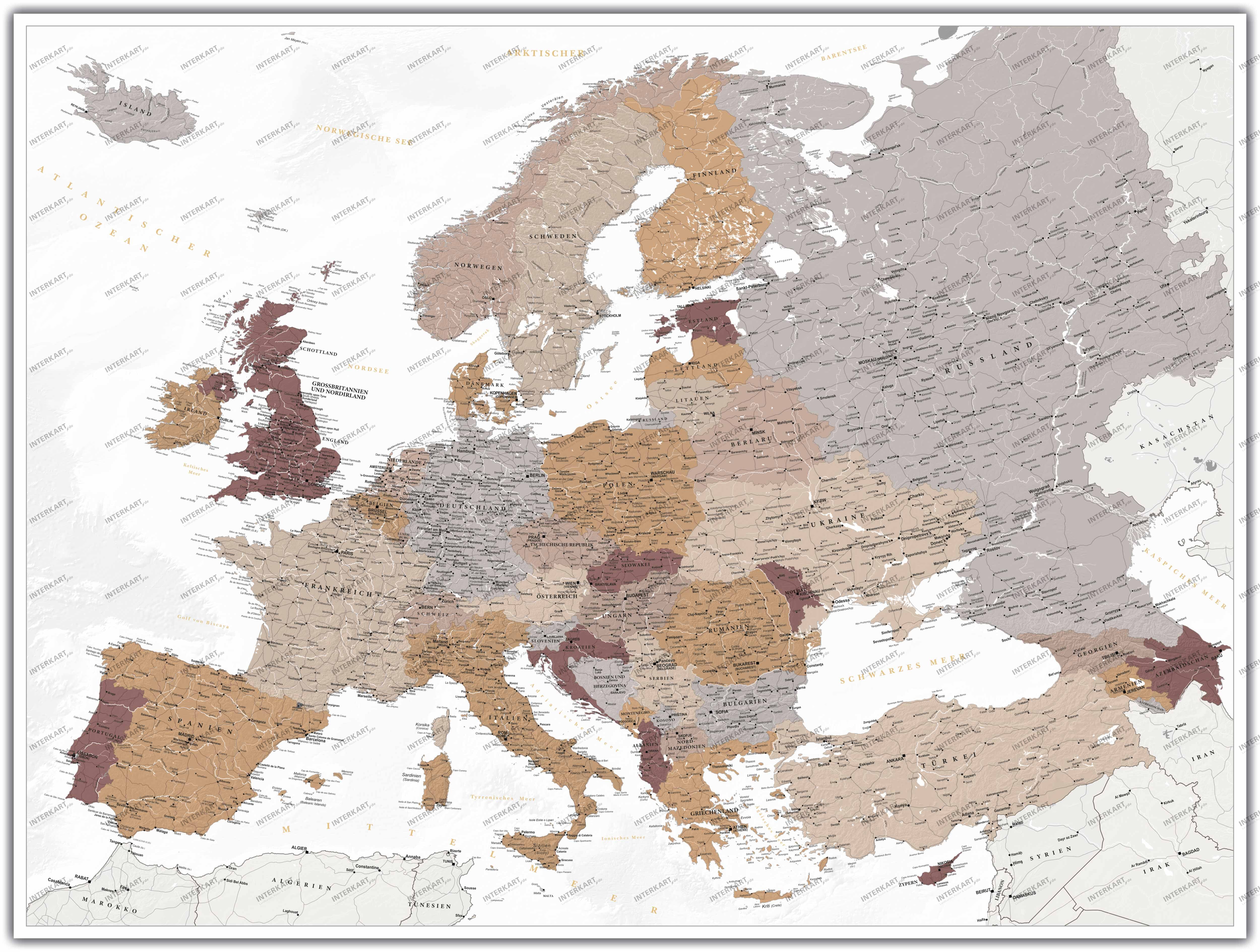 Decor Europe map beige-brown in German 100 x 75 cm