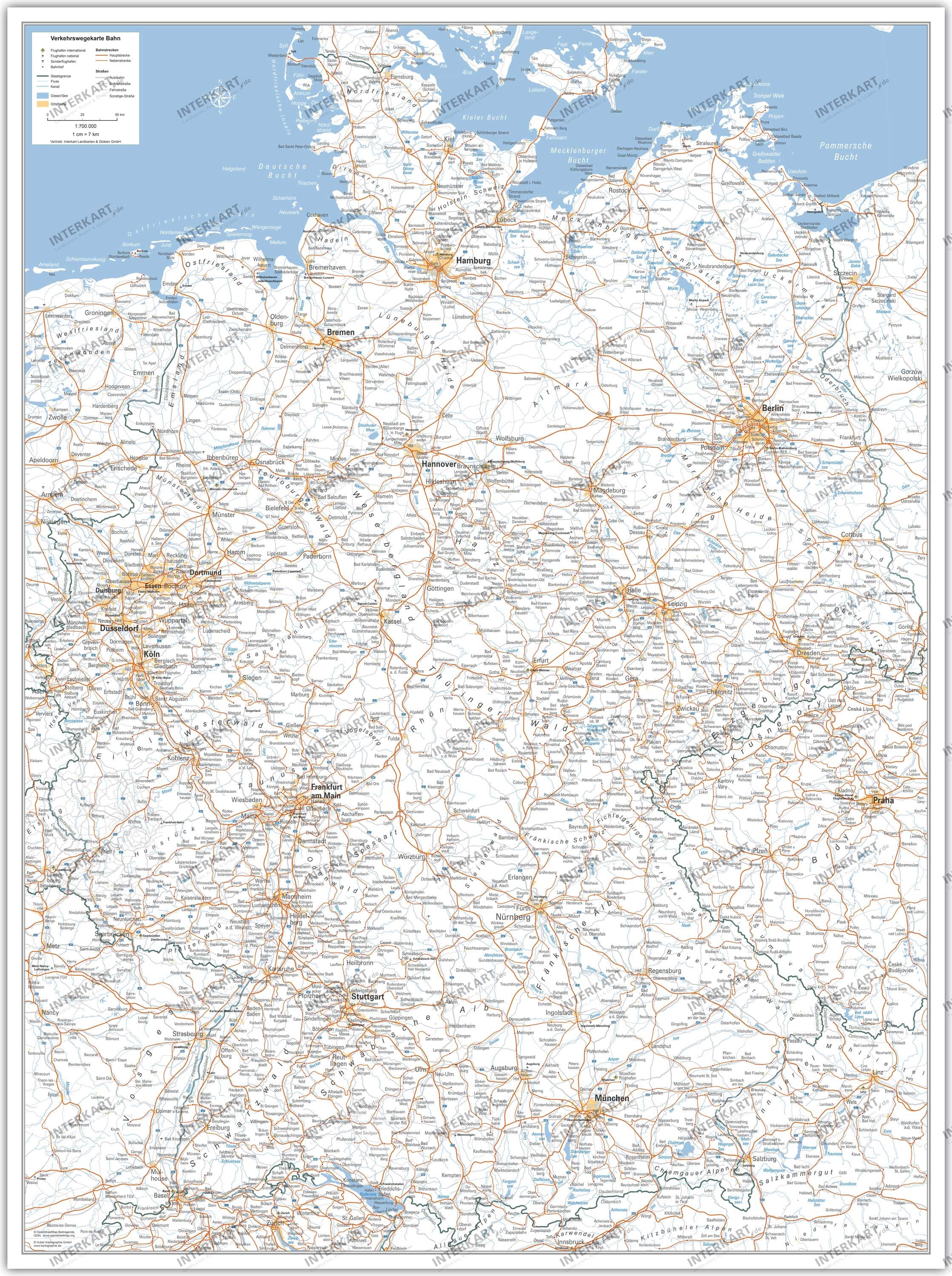 Große Deutschland Schienennetzkarte 130 × 175 cm mit Haupt- und Nebenstrecken.