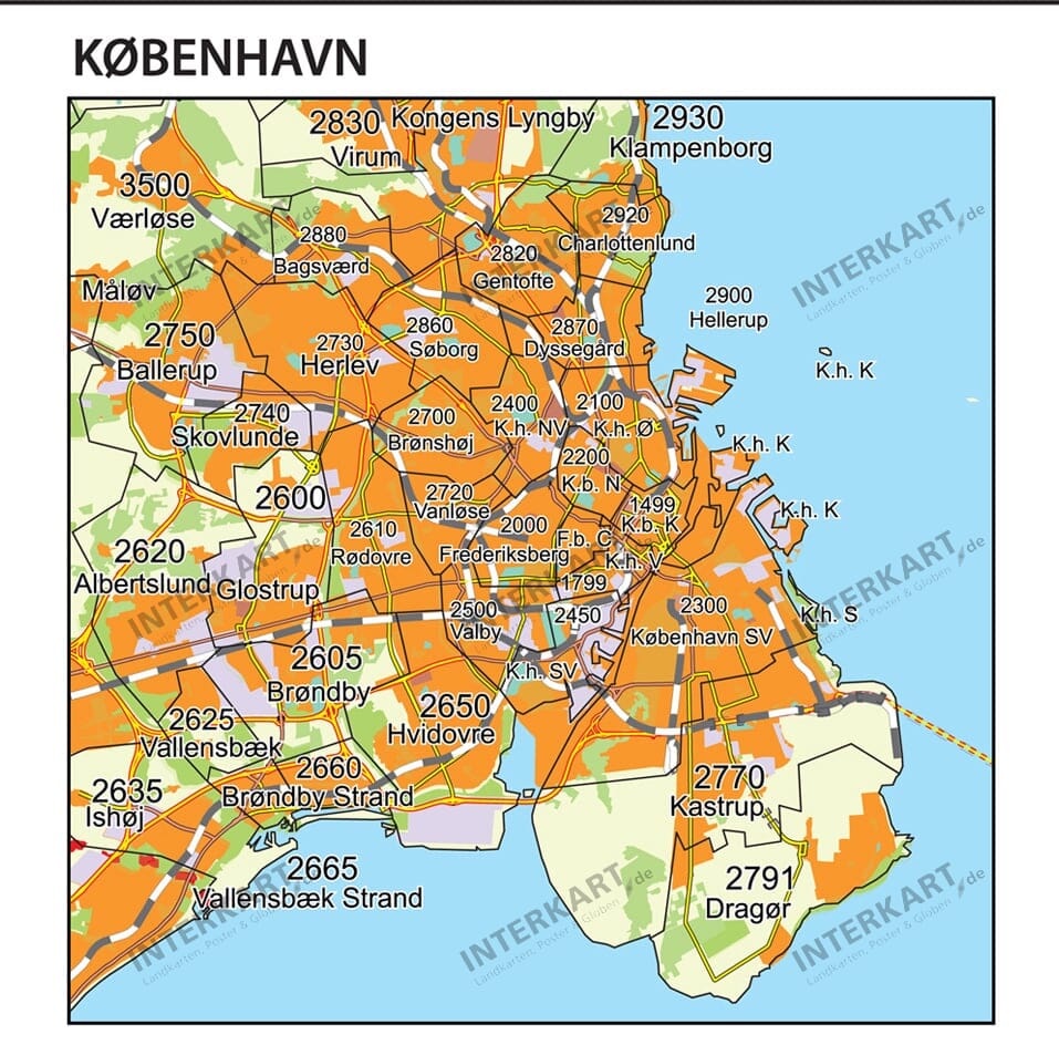 Copenhagen Zip Code Map Postcode Map Denmark 96 X 109Cm