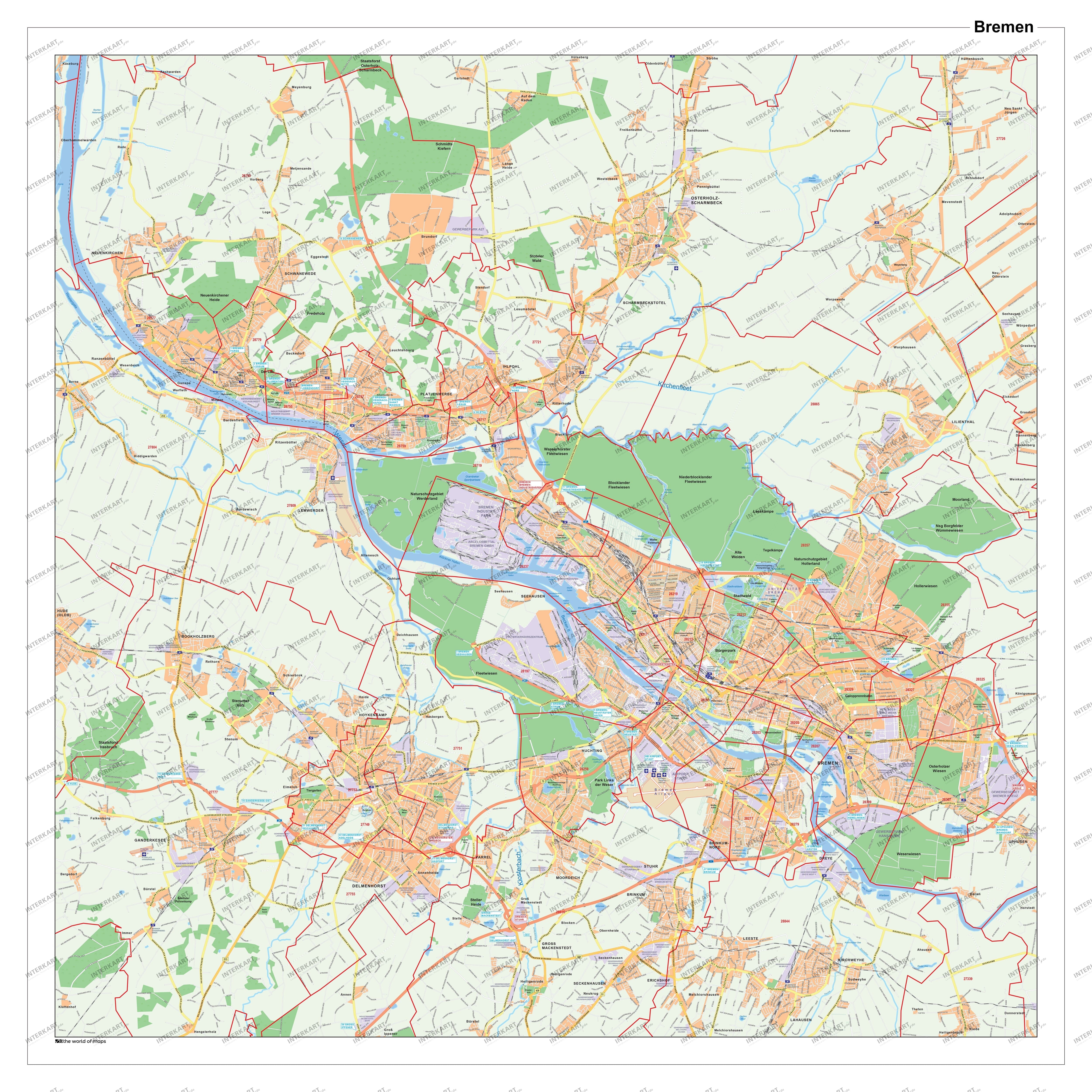 City Map Bremen with postcodes 100 x 100cm