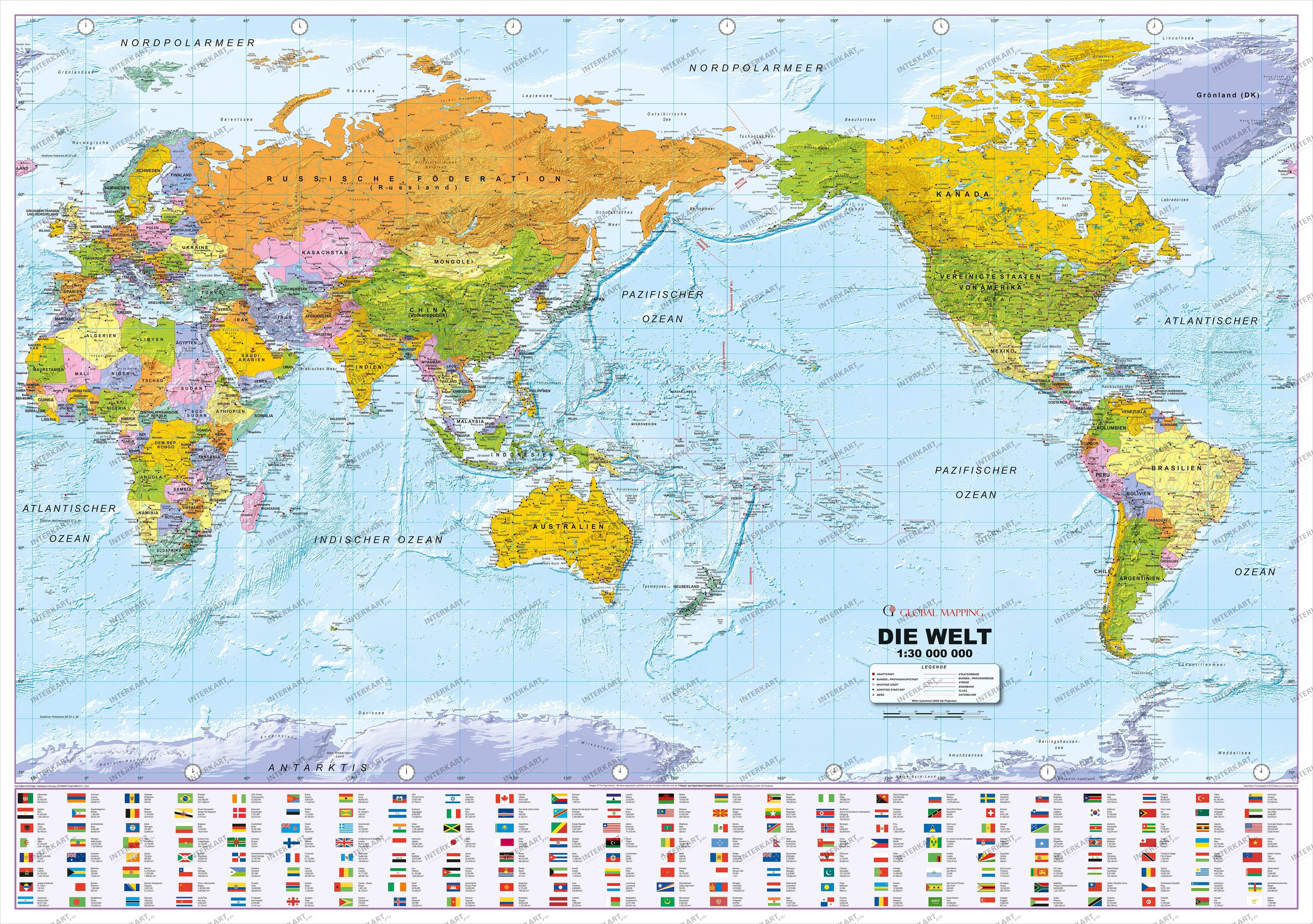 Politische Weltkarte Pazifik zentriert mit Flaggen deutsch 135 x 95cm