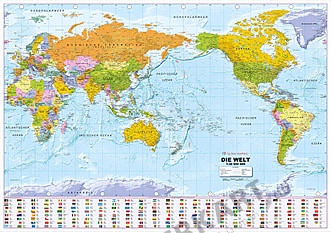 Politische Weltkarte Pazifik zentriert mit Flaggen deutsch 135 x 95cm
