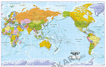 Political World Map Pacific centered German large size 192 x 122cm