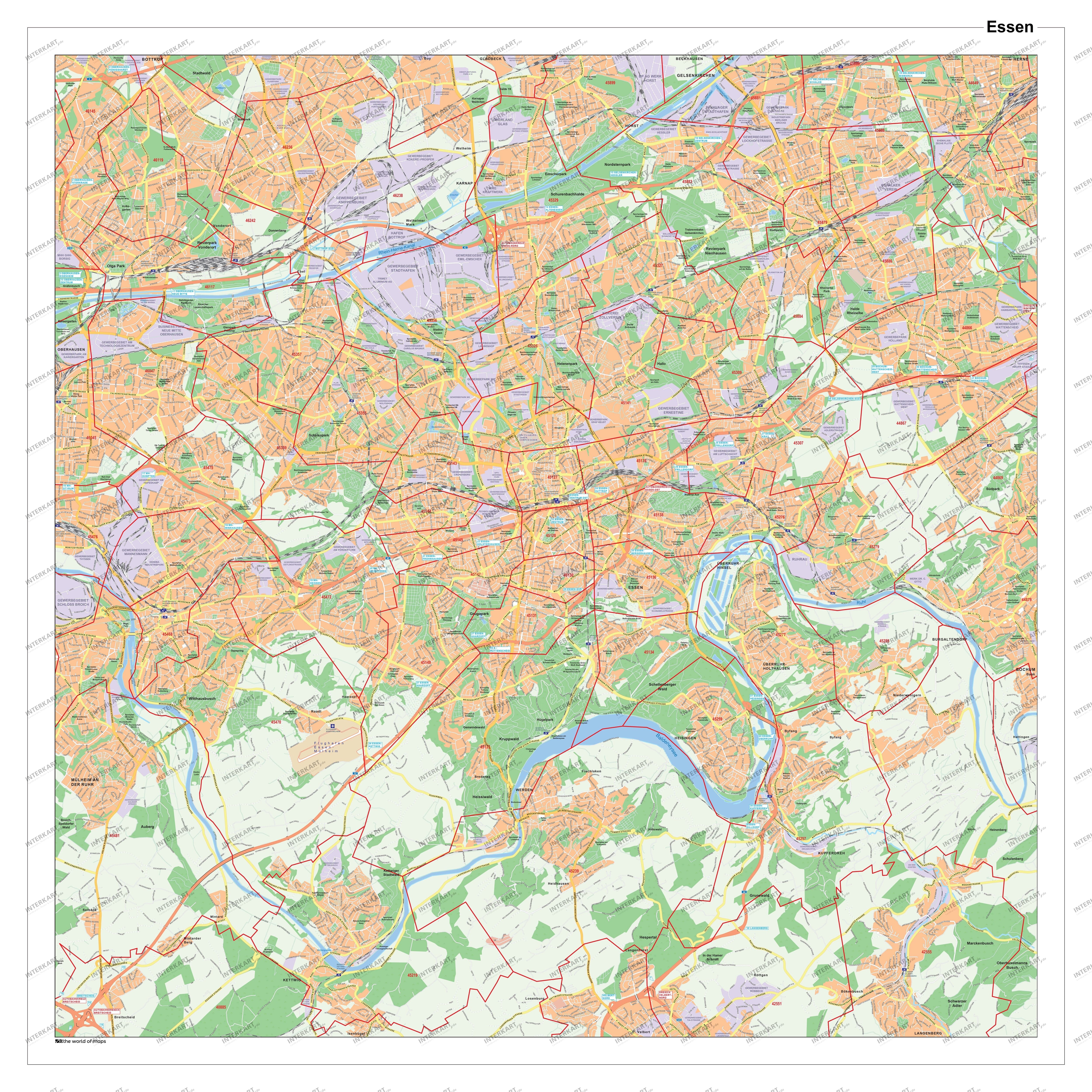 City Map Essen with Postcodes 100 x 100cm