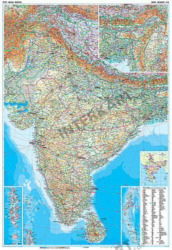 Indien Landkarte Physikalisch 86 X 125cm