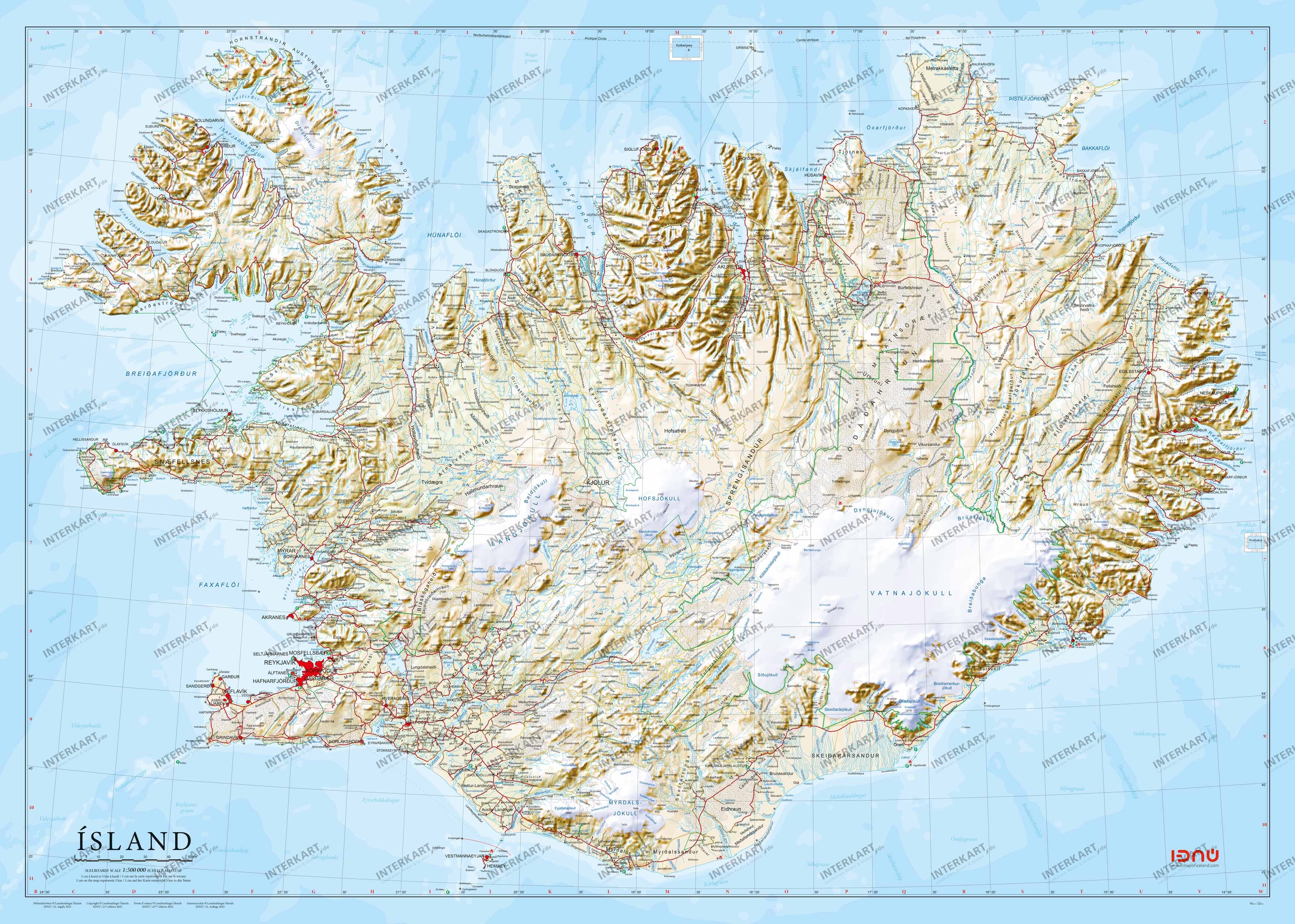Islandkarte im Standardformat auf Isländisch im Kleinformat 110 x 78,5 cm