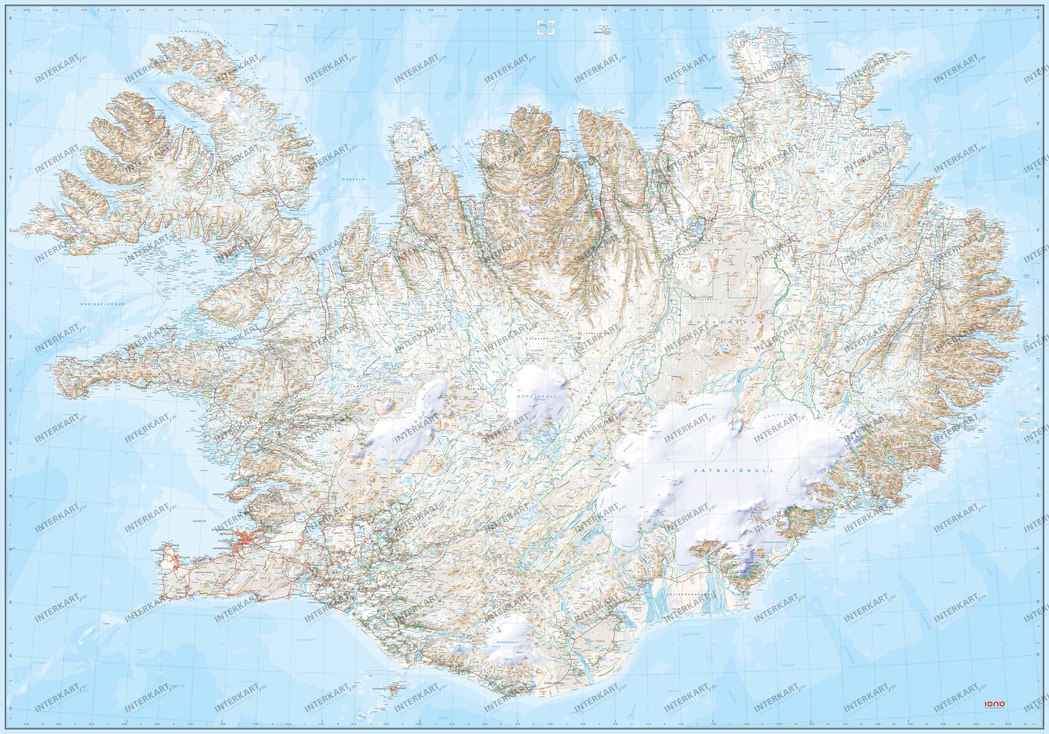 Islandkarte im XXL-Format 200 × 145 cm in isländischer Sprache mit Straßennetz, Höhenlinien, Gletschern und geografischen Informationen