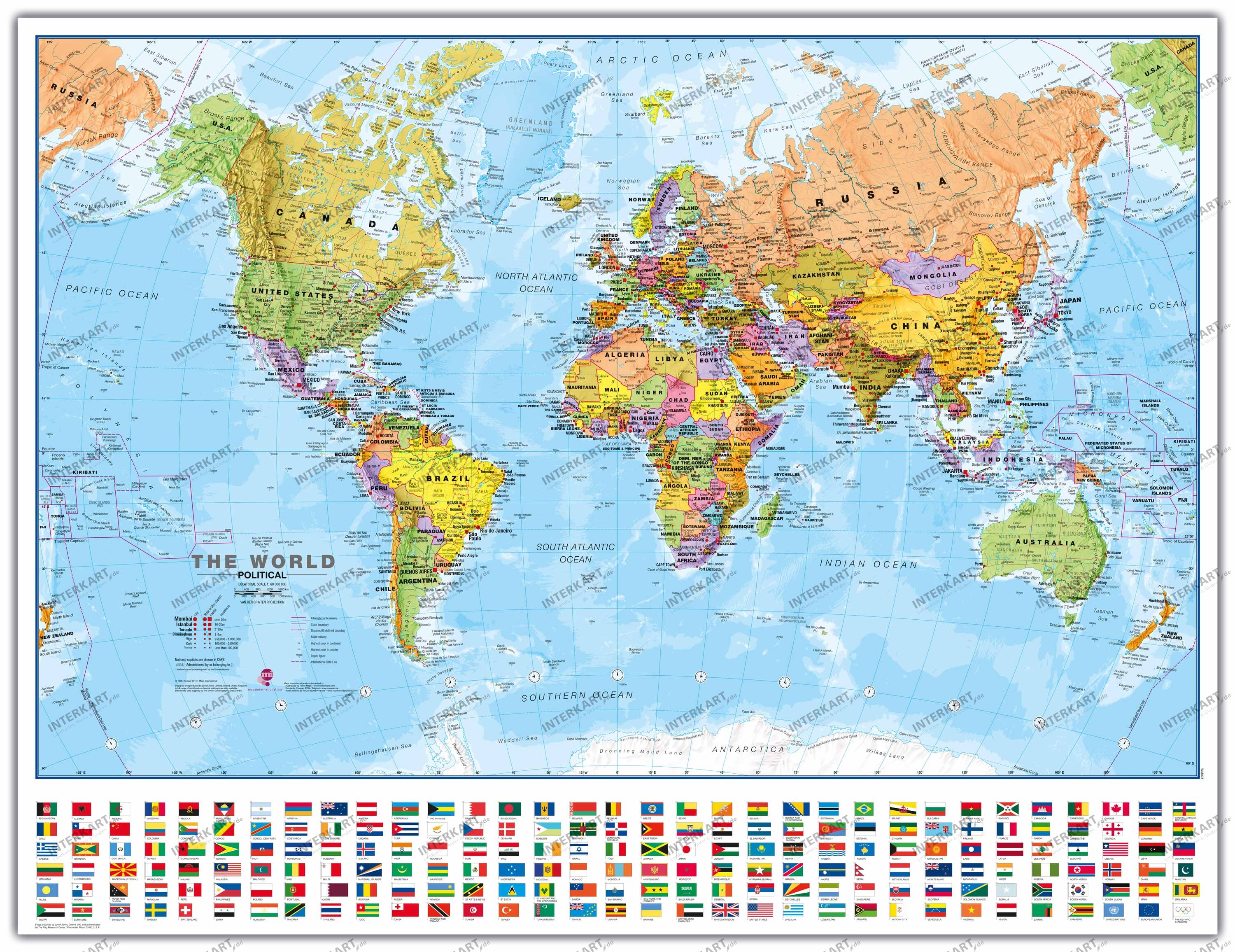Politische Weltkarte mit Flaggen 1:60 Mio 68 x 53cm Englisch