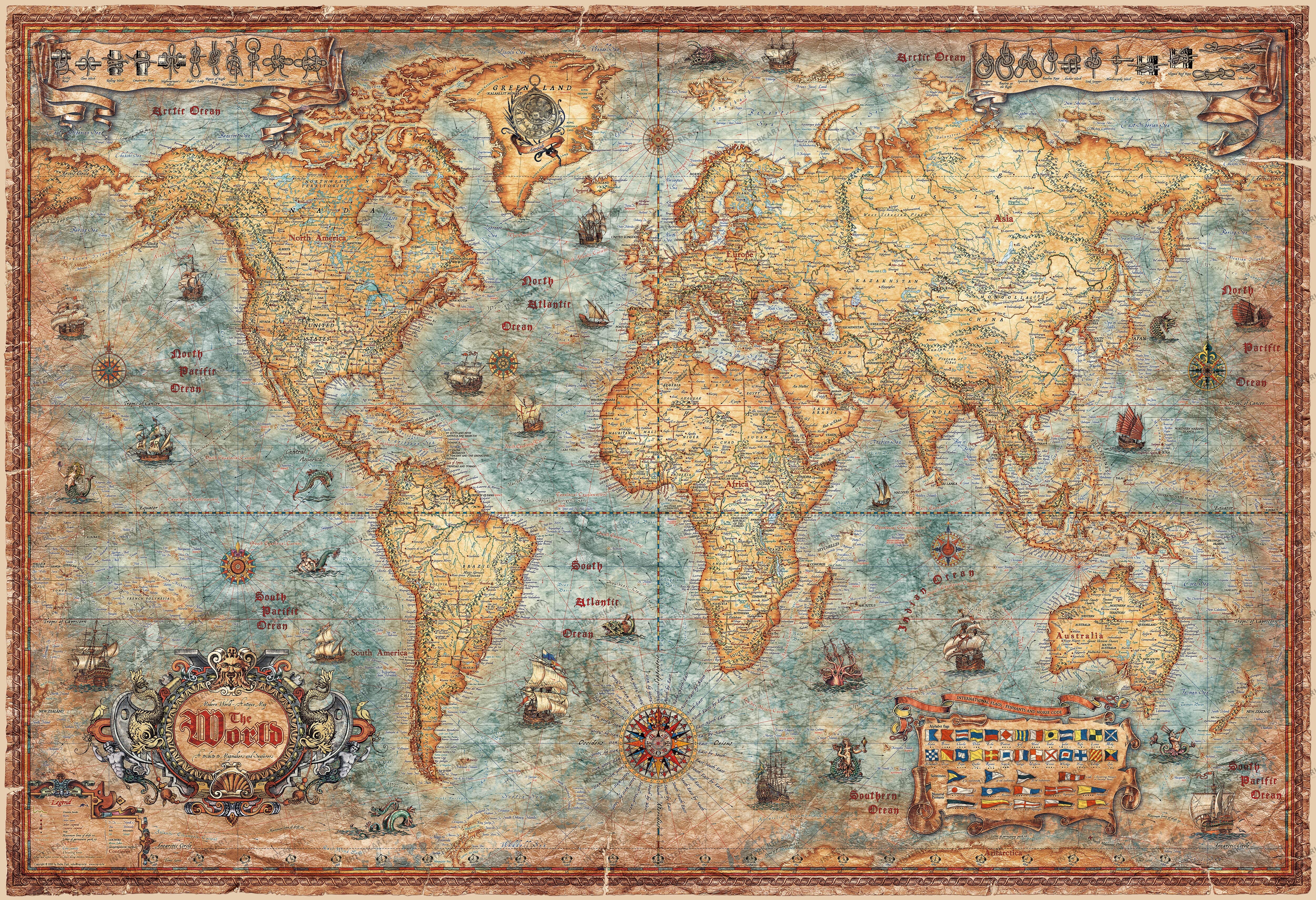 Modern World Map in antique style english 137 x 93cm