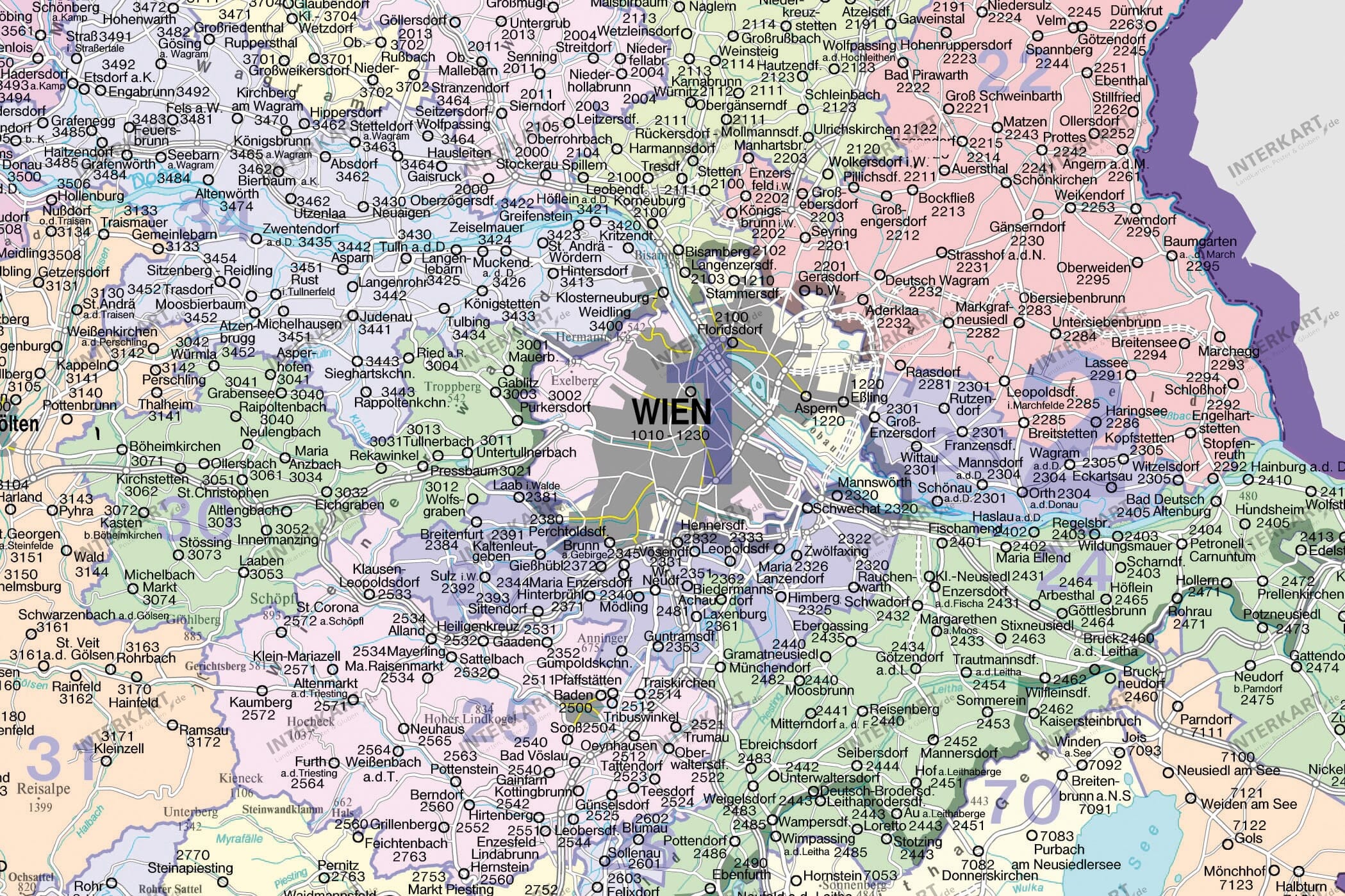 Austria Postcode Wall Map 122 X 84cm