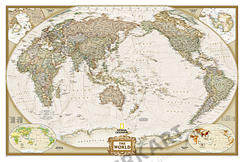 Executive Antik Weltkarte Pazifik Ansicht von National Geographic